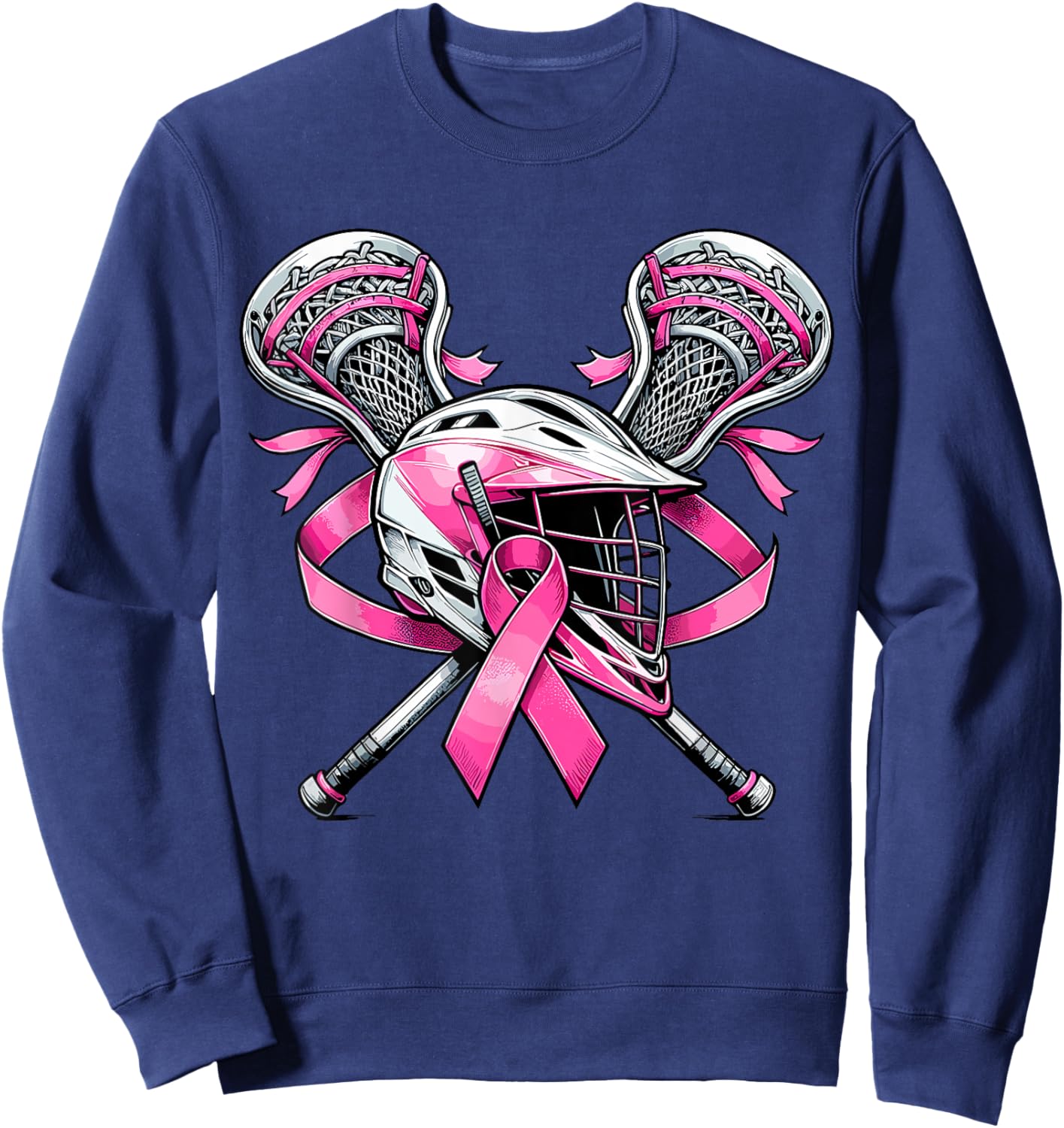 Lacrosse Pink Ribbon Breast Cancer Awareness Sport Lover Sweatshirt - Sweatshirt | Navy