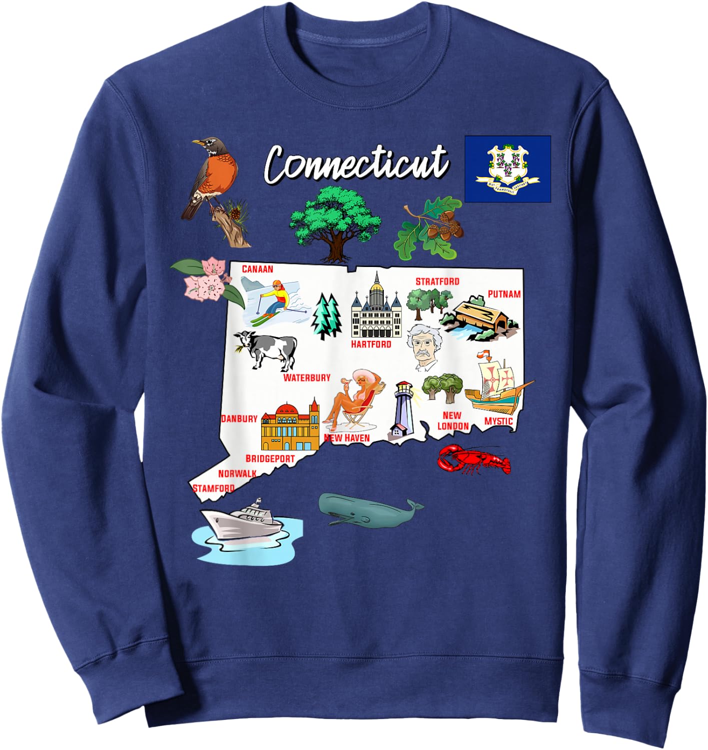 Illustrated map of Connecticut in the USA, cities Sweatshirt - Sweatshirt | Navy