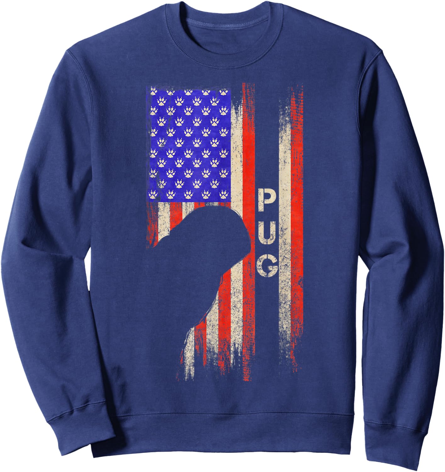 Vintage USA American Flag Pug Dog Silhouette Distressed Kids Men Sweatshirt - Sweatshirt | Navy
