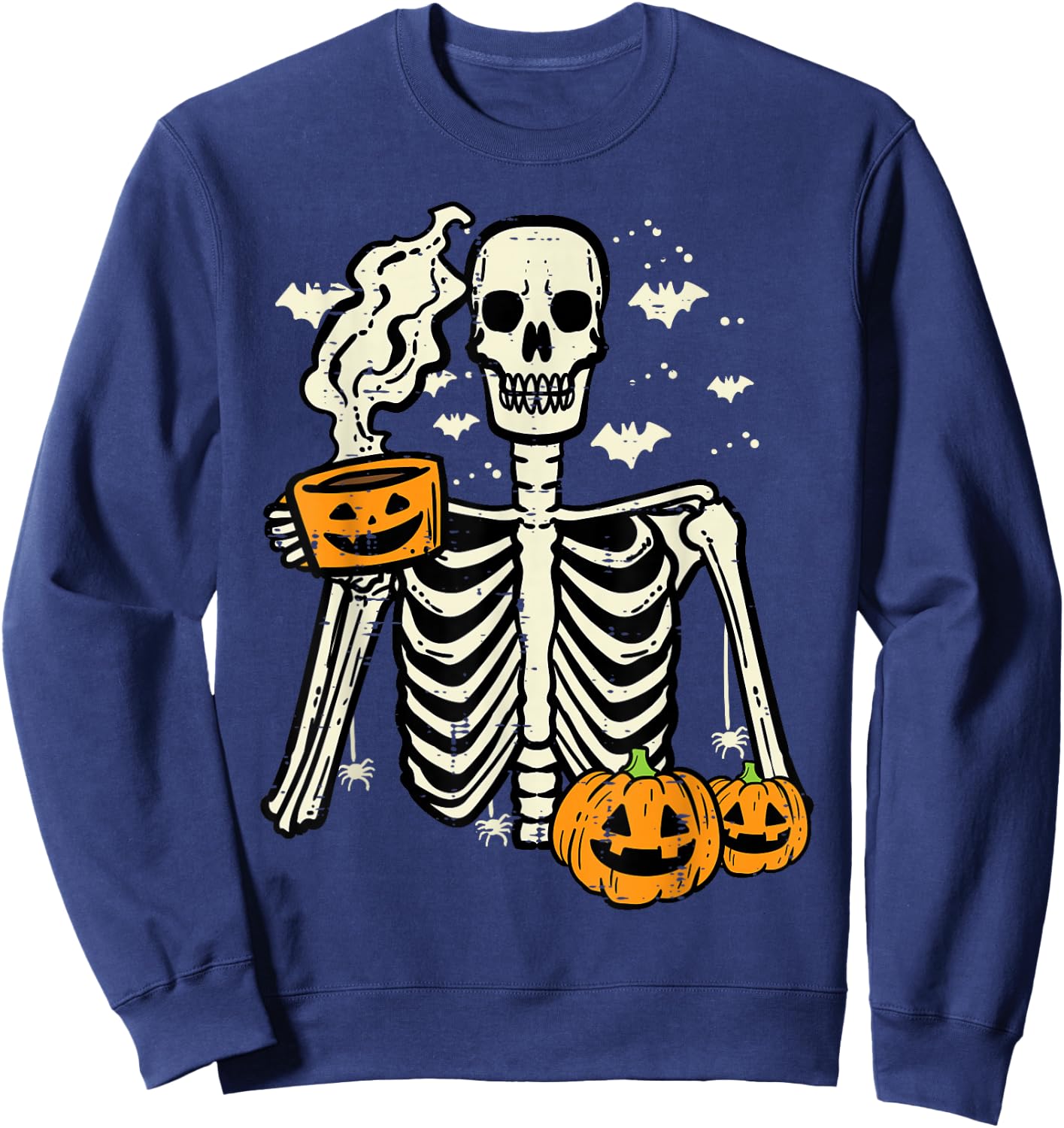 Halloween Skeleton Pumpkin Fall Coffee Fun Costume Men Women Sweatshirt - Sweatshirt | Navy