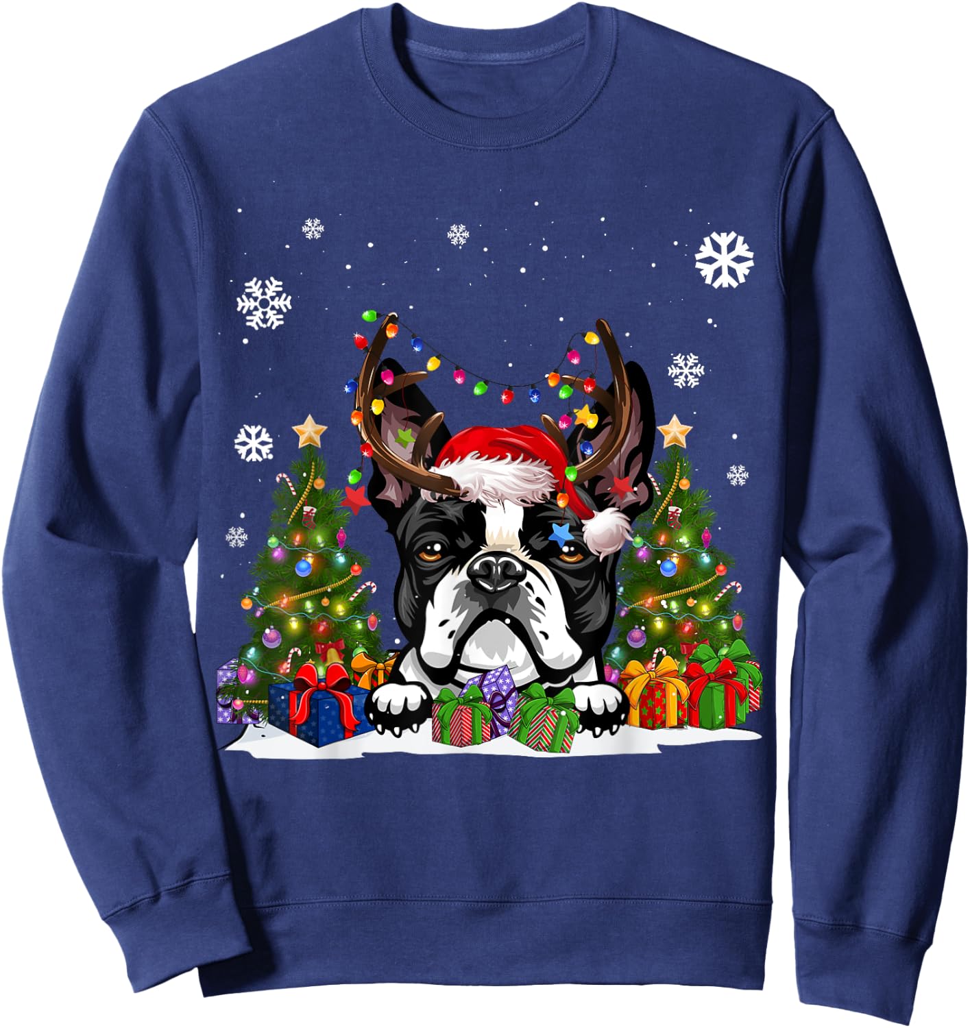 Funny Dog Boston Terrier Santa Hat Ugly Christmas Sweater Women Kids Sweatshirt - Sweatshirt | Navy