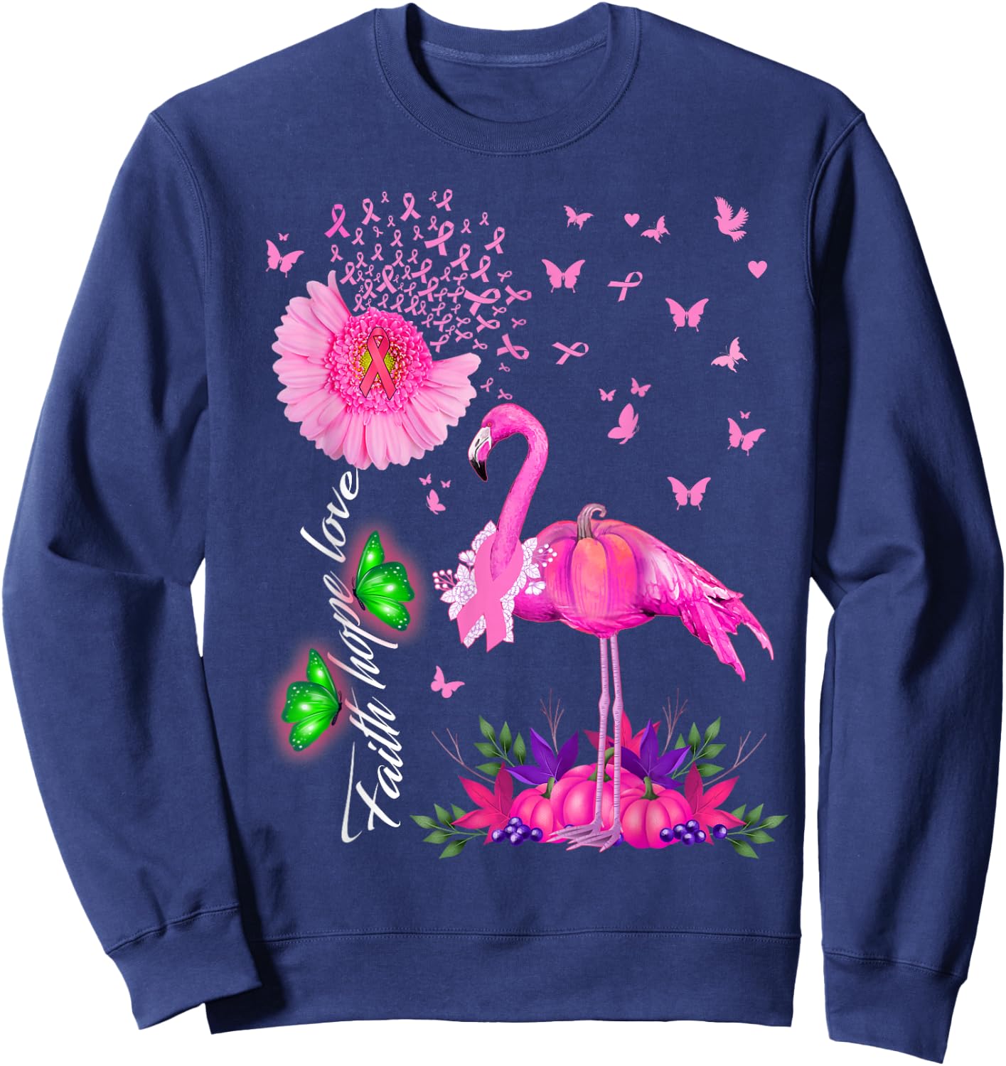 Flamingo Faith Hope Love Pink Pumpkin Ribbon Breast Cancer Sweatshirt - Sweatshirt | Navy