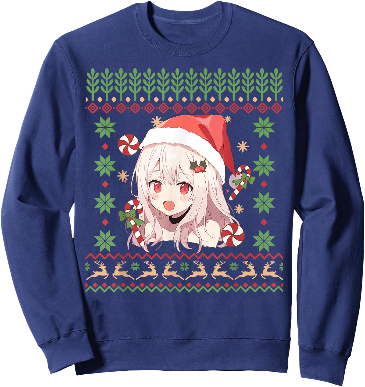 Cute Anime Girl Santa Hat Ugly Sweater Anime Otaku Christmas Sweatshirt - Sweatshirt | Navy
