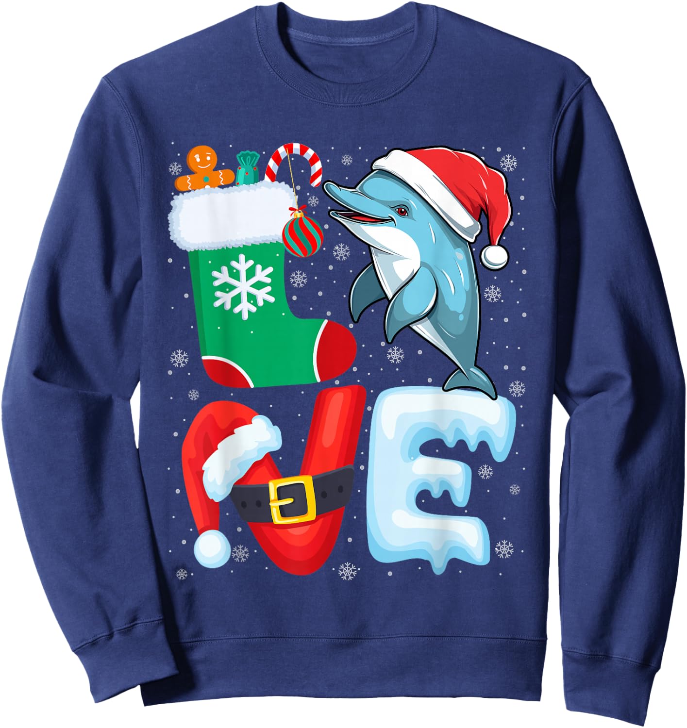 Dolphin Christmas Shirt Dolphin Wearing Santa Hat Xmas Sweatshirt - Sweatshirt | Navy