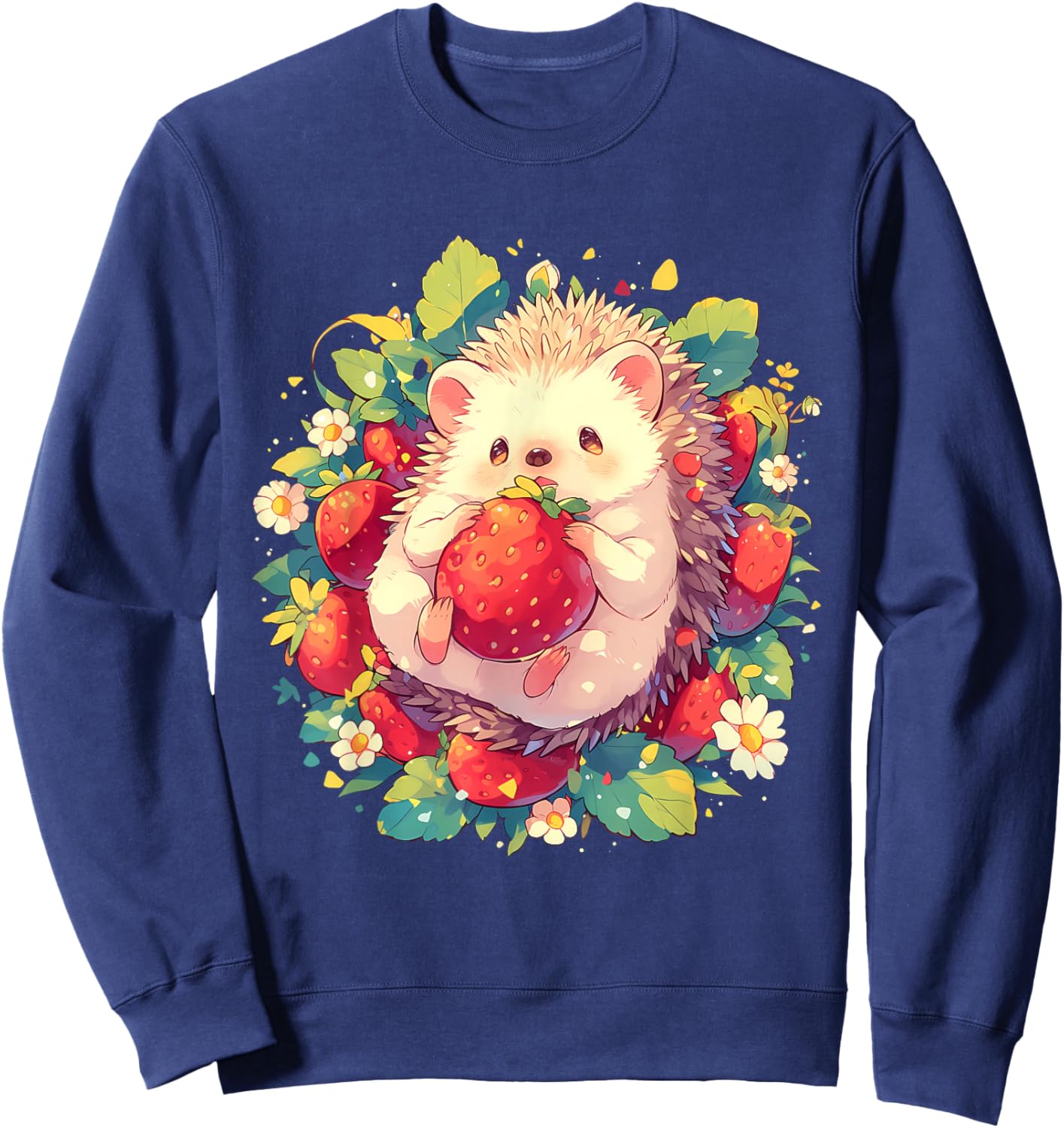 Strawberry Hedgehog Floral Drawing Wildlife Cute Hedgehog Sweatshirt - Sweatshirt | Navy