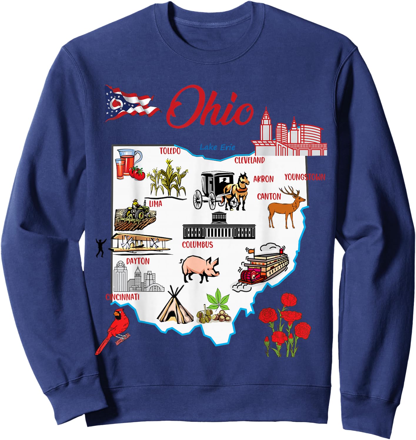 Illustrated map of the state of Ohio in the USA, major cities Sweatshirt - Sweatshirt | Navy