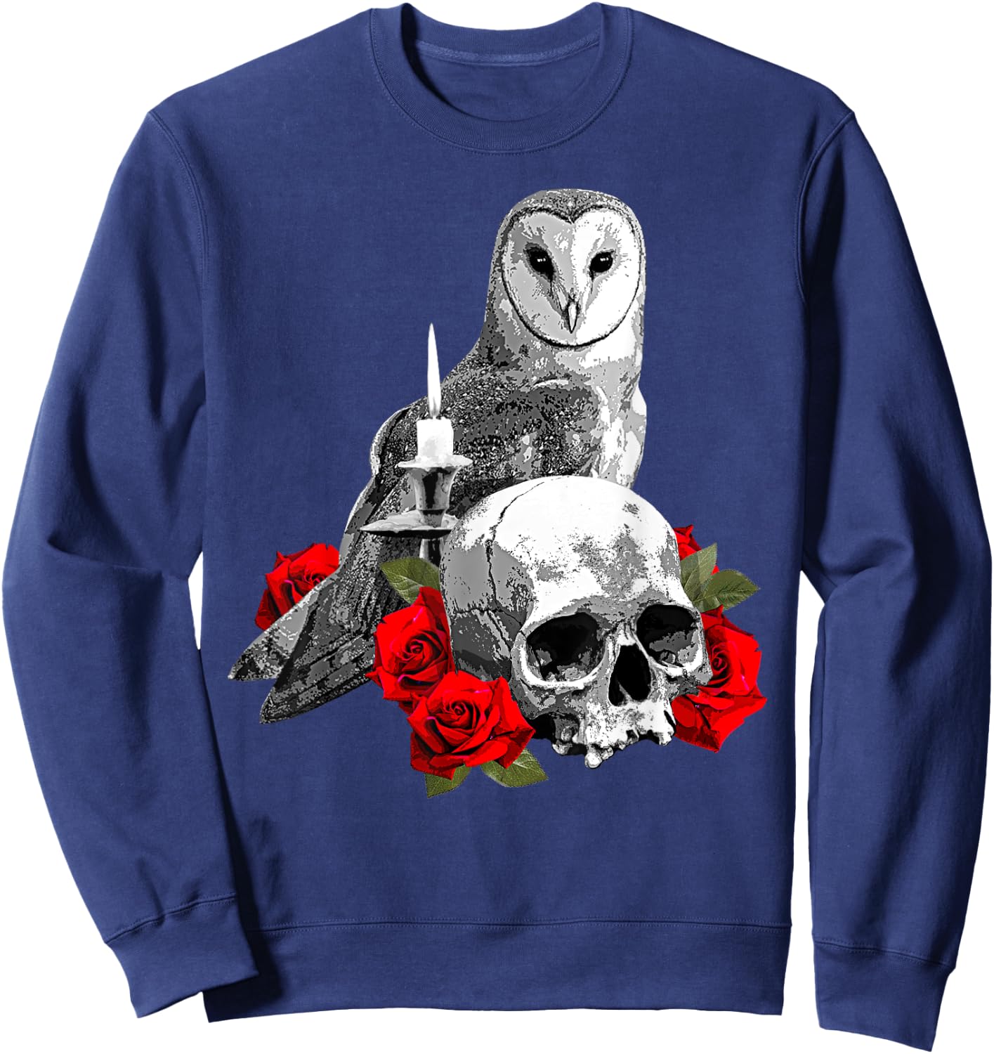 Spooky Witch Skull, Wiccan Owl and Candle with Red Roses Sweatshirt - Sweatshirt | Navy
