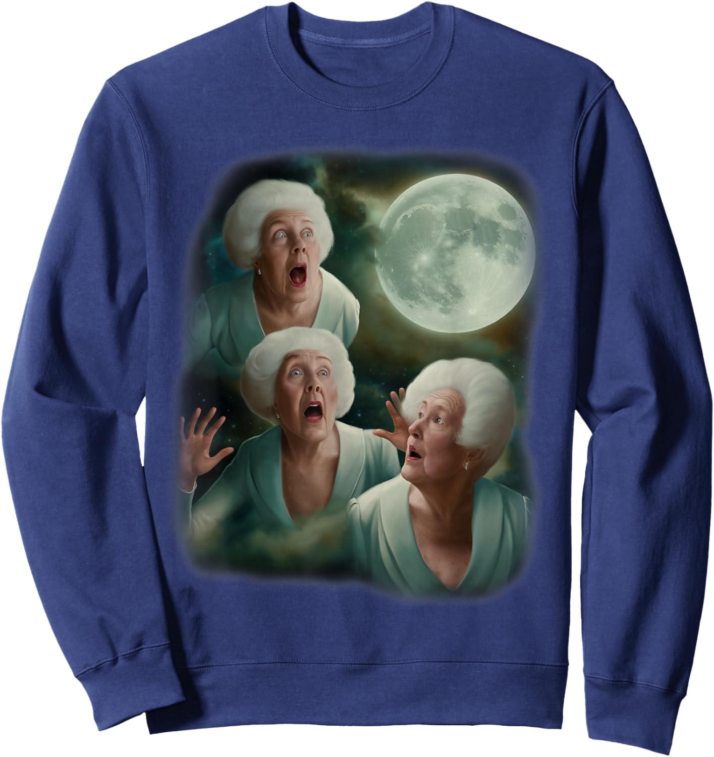 Three Granny Moon | 3 Old Ladys Howling Weird Cursed Meme Sweatshirt - Sweatshirt | Navy