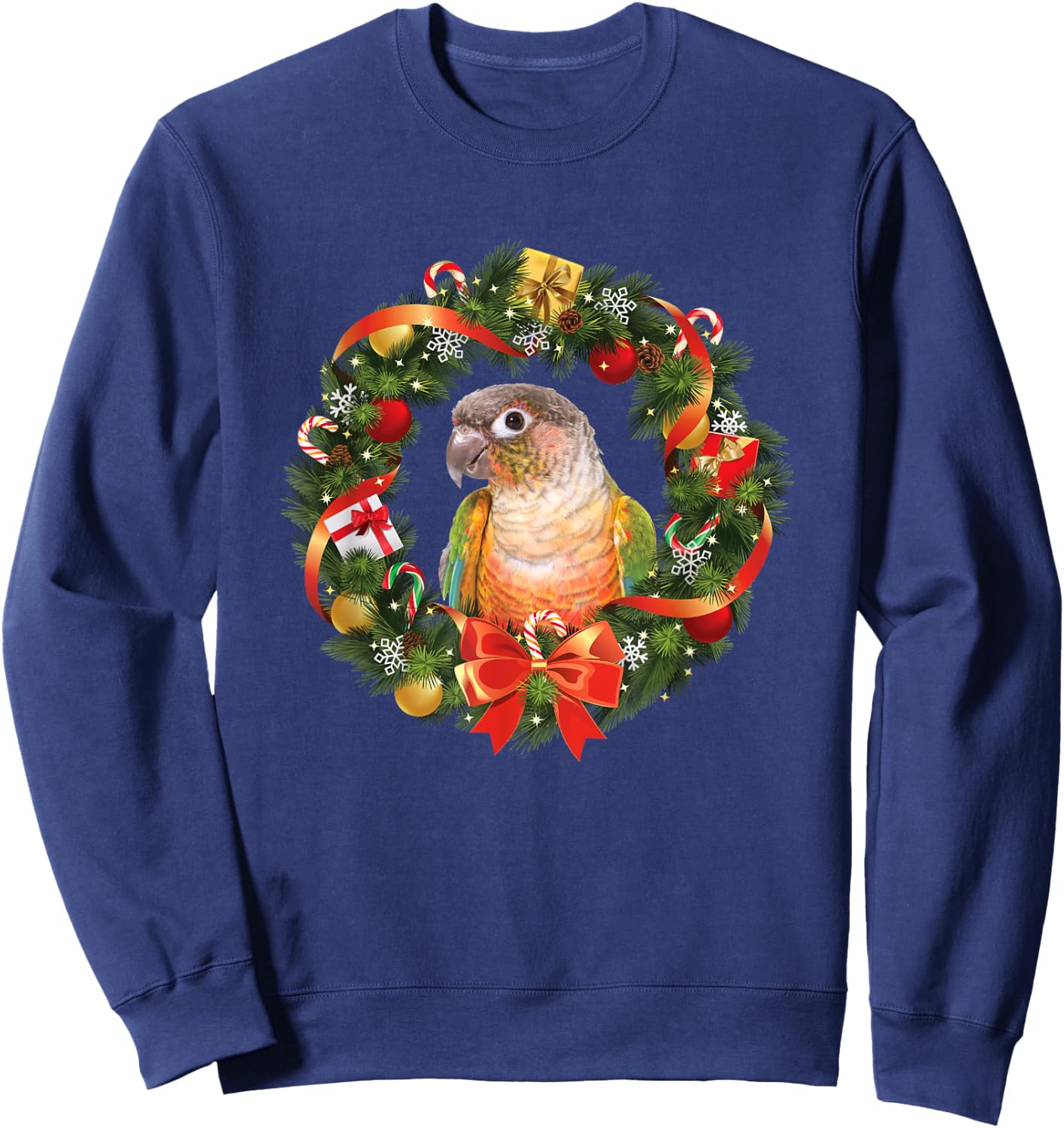 Green Cheek Conure Parrot Christmas Wreath Sweatshirt - Sweatshirt | Navy