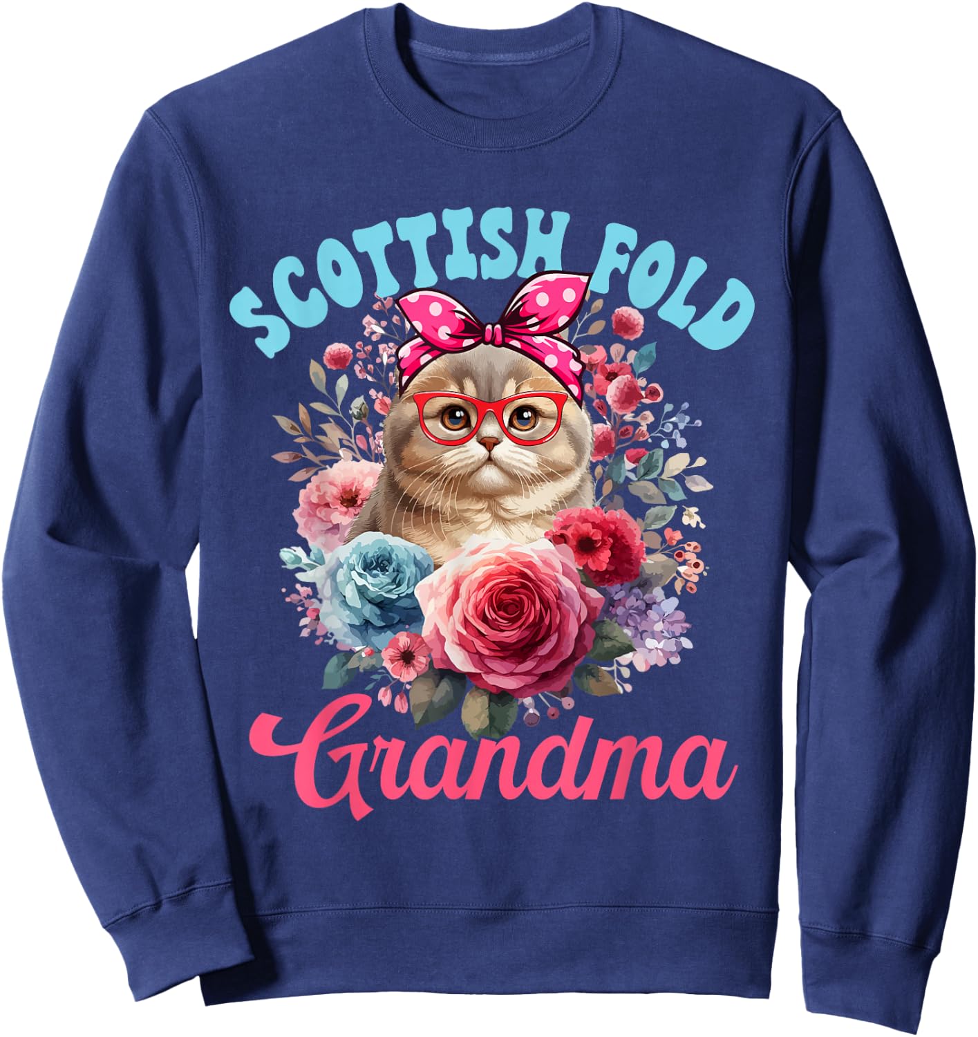 Scottish Fold Grandma Mother's Day Cat Bow Tie Floral Sweatshirt - Sweatshirt | Navy