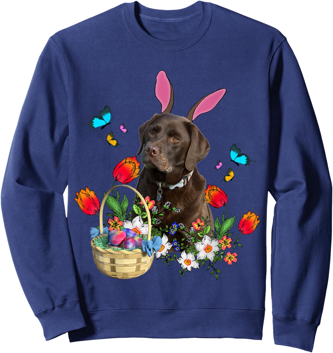 Chocolate Labrador Bunny Dog With Easter Eggs Basket Spring Women Girls Kids Sweatshirt - Sweatshirt | Navy