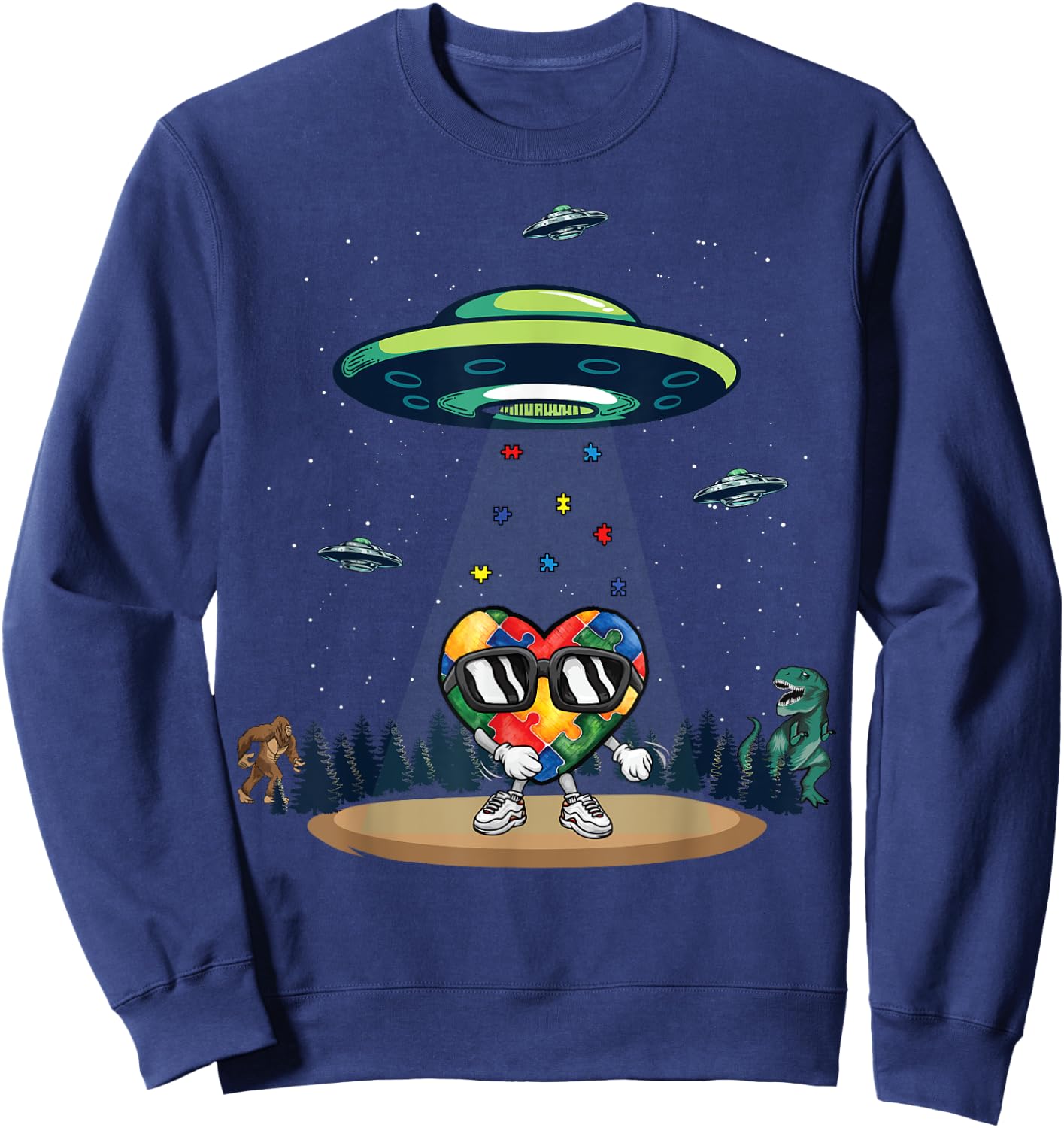 UFO Dinosaur Bigfoot Love Kindness Autism Awareness Puzzle Sweatshirt - Sweatshirt | Navy