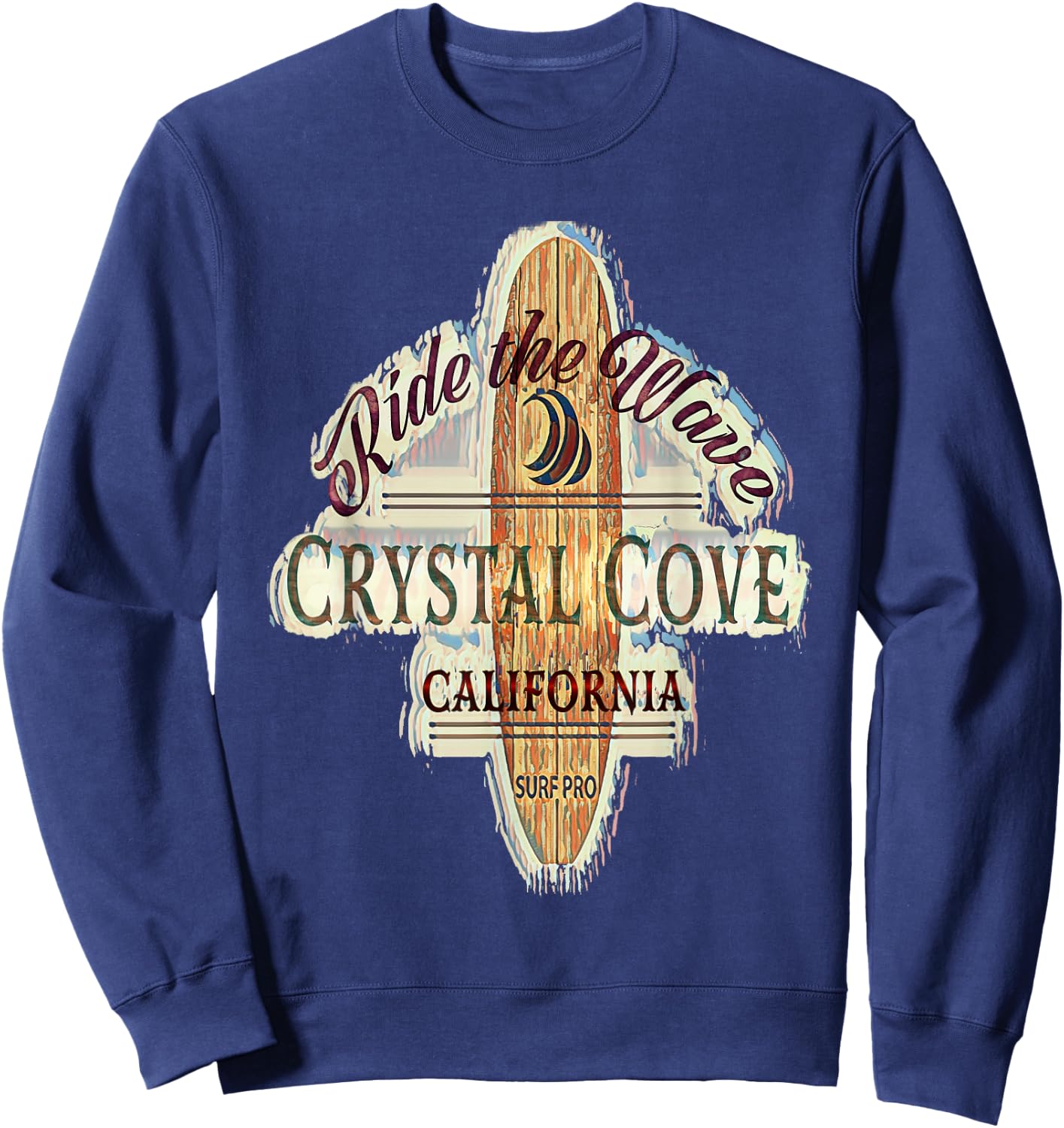 Crystal Cove Surfing Distressed Vintage Retro Surfboard Sweatshirt - Sweatshirt | Navy