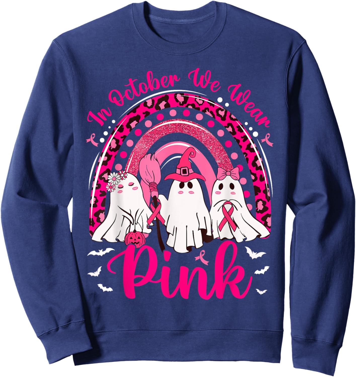 In October We Wear Pink Nurse Ghost Breast Cancer Halloween Sweatshirt - Sweatshirt | Navy