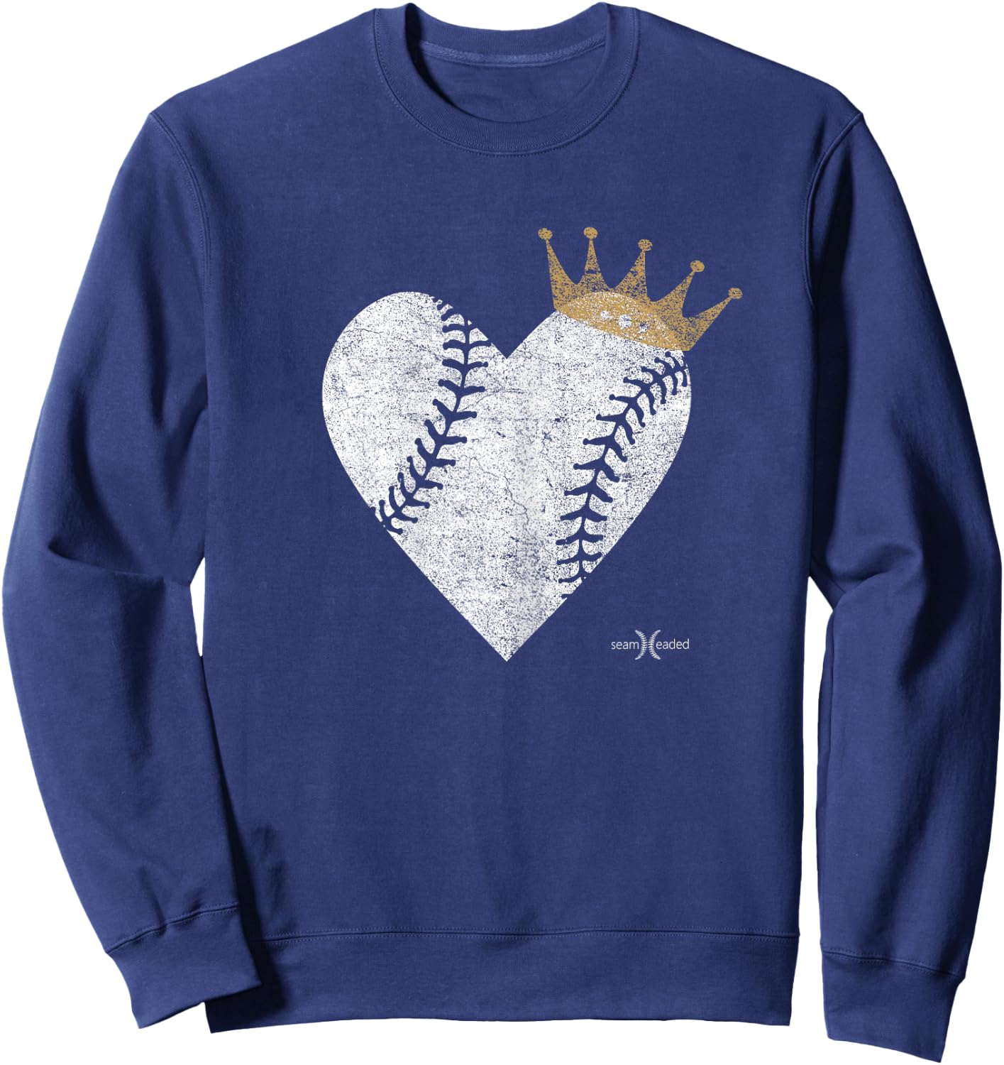Vintage Baby Blue Royal Baseball Heart with Crown Sweatshirt - Sweatshirt | Navy