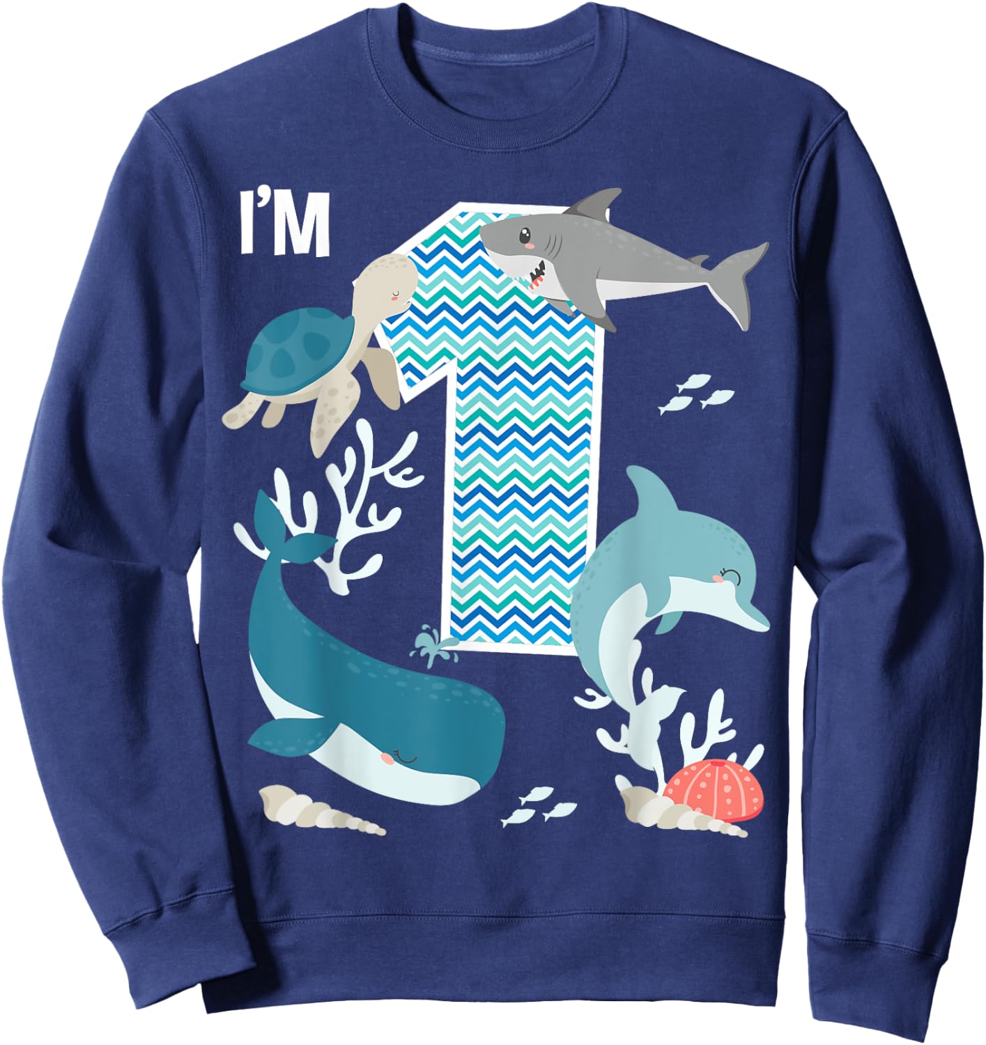 Kids 1 Year Old Ocean Life Whale Dolphin Shark 1st Birthday Sweatshirt - Sweatshirt | Navy