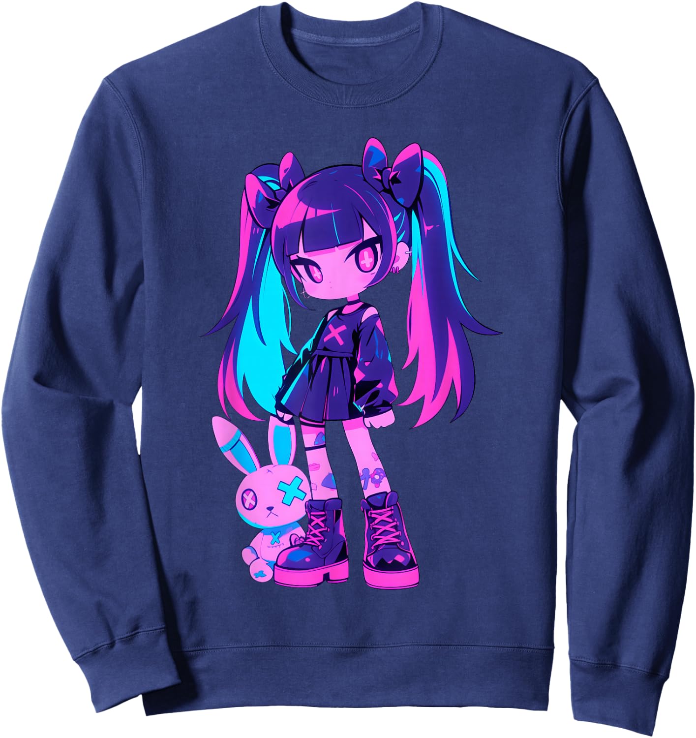 Cute E-Girl Anime Girl Grunge Goth Bunny Gothic Outfit Sweatshirt - Sweatshirt | Navy
