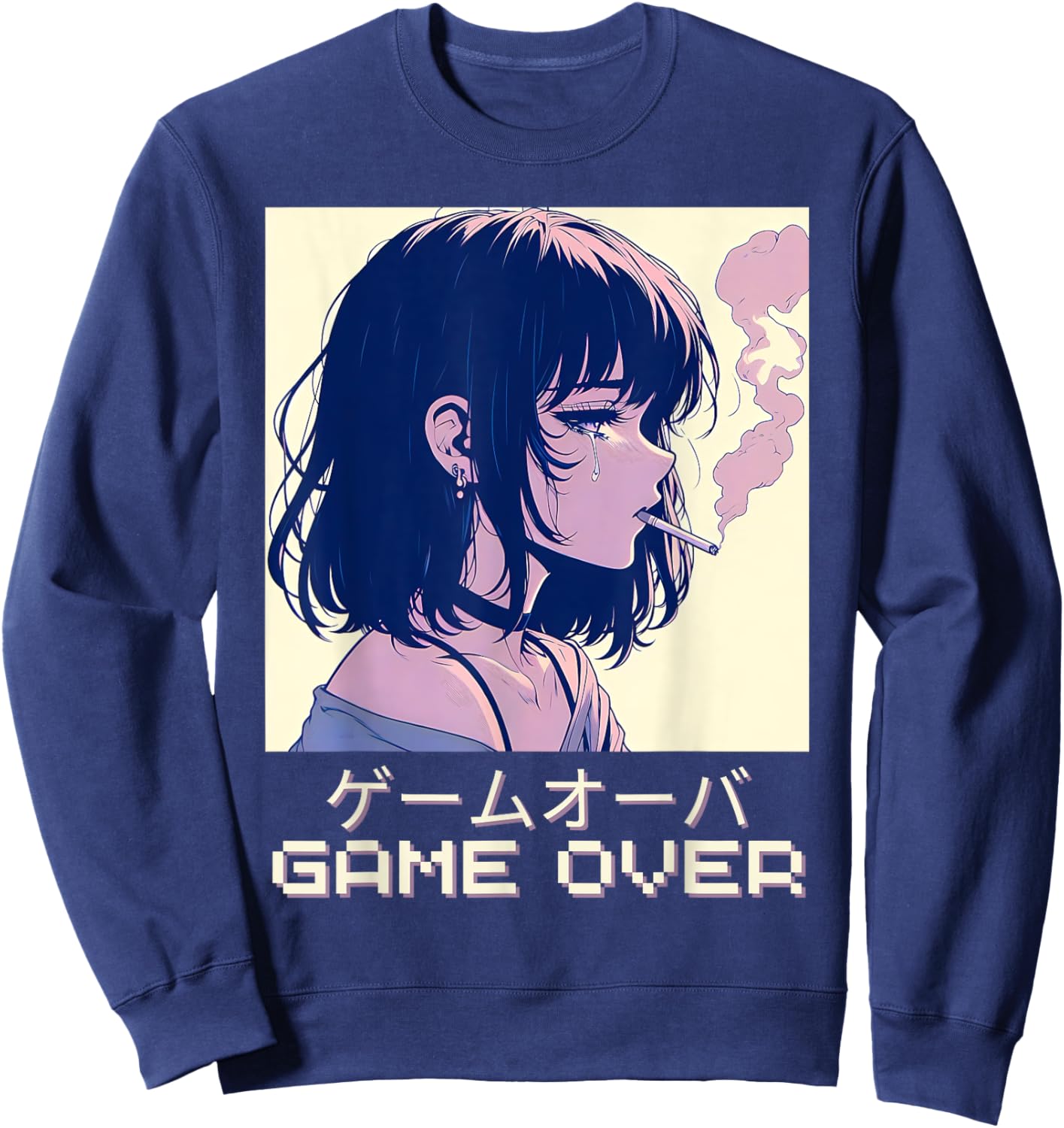 90s Japanese Sad Anime Girl Game Over Vaporwave Aesthetic Sweatshirt - Sweatshirt | Navy