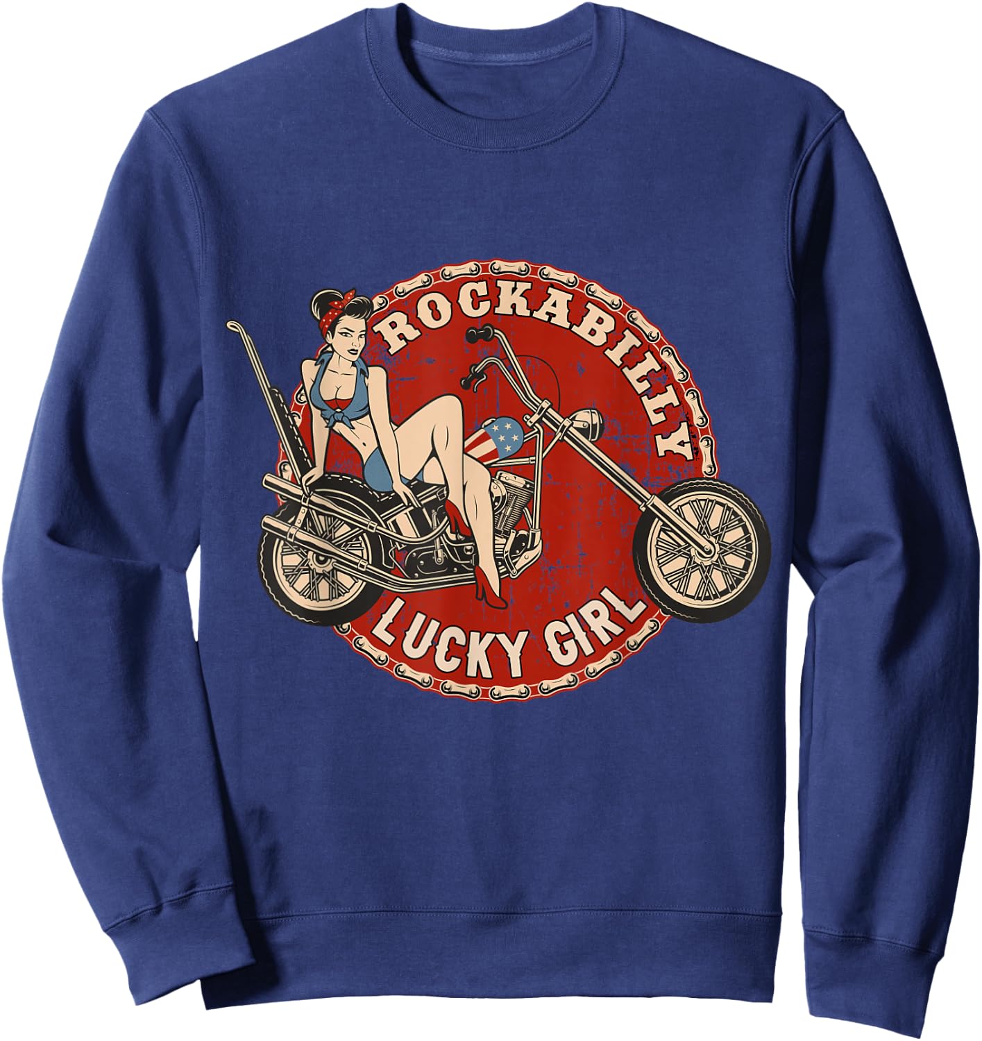 Motorcycle Pinup Girl Old School Rockabilly Lucky Girl Sweatshirt - Sweatshirt | Navy