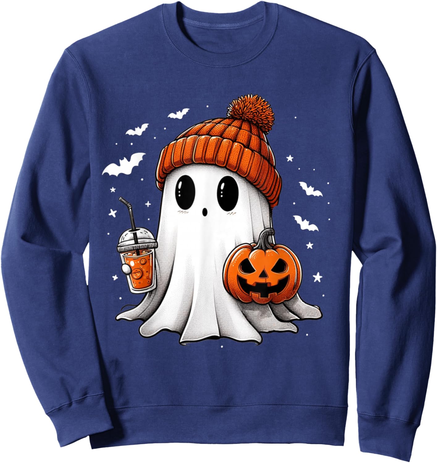 Cute Ghost Drinking Coffee Halloween Ghost Ice Coffee Sweatshirt - Sweatshirt | Navy