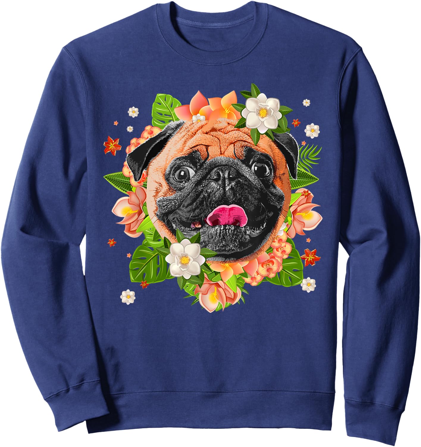 Cool Pug Dog Women Girls Pug Lovers Flower Hawaiian Sweatshirt - Sweatshirt | Navy