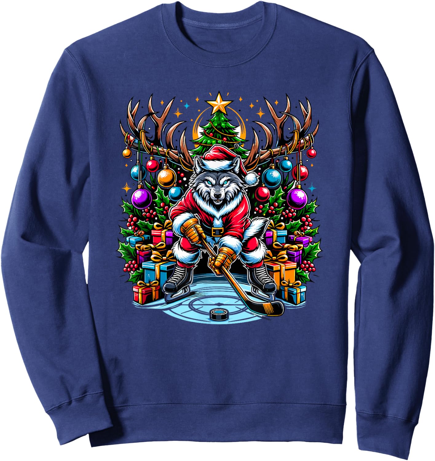 Funny Santa Wolf Playing Hockey Christmas Sweatshirt - Sweatshirt | Navy