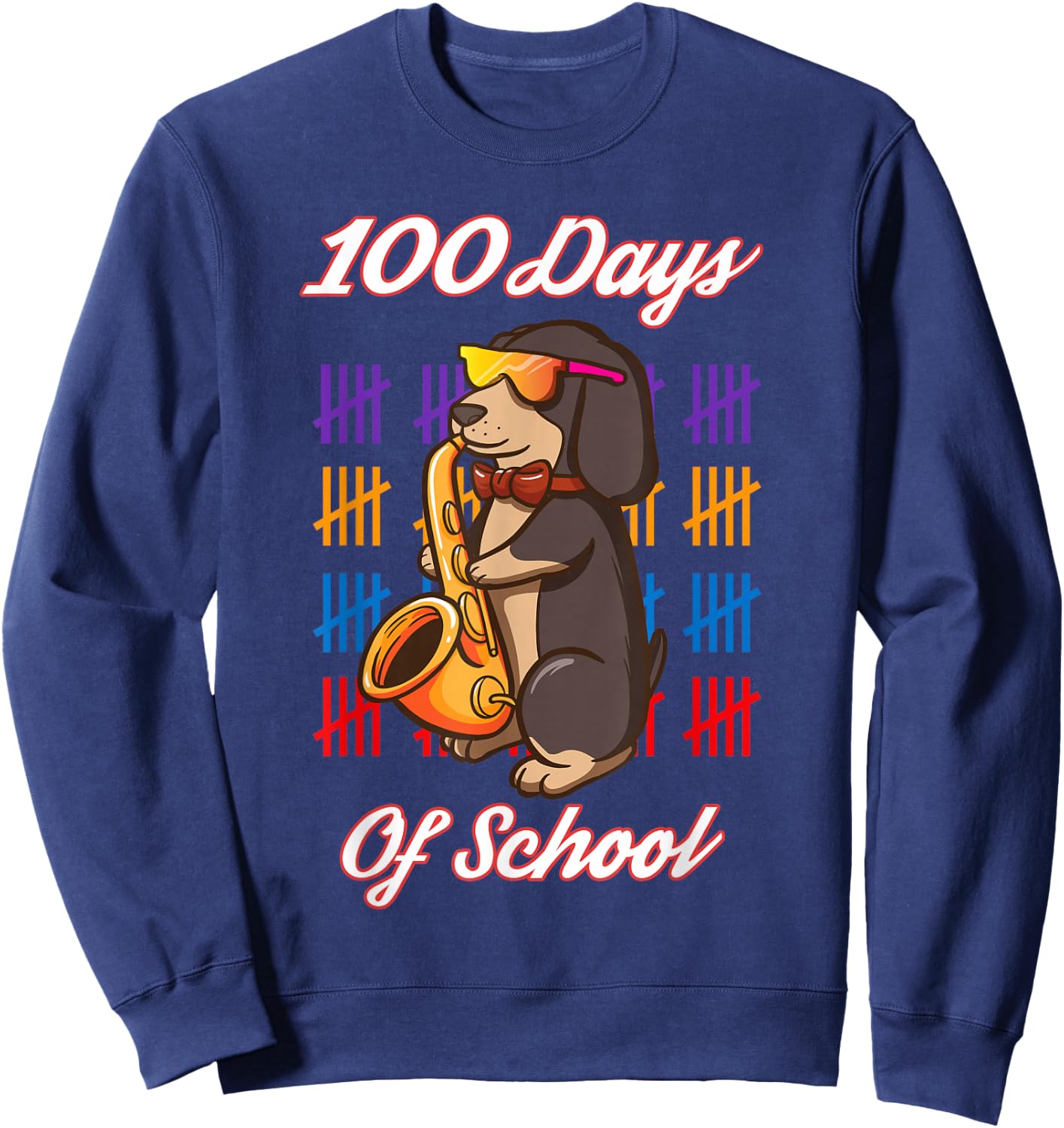 Happy 100 Days Of School For Boys Girls Dachshund Saxophone Sweatshirt - Sweatshirt | Navy