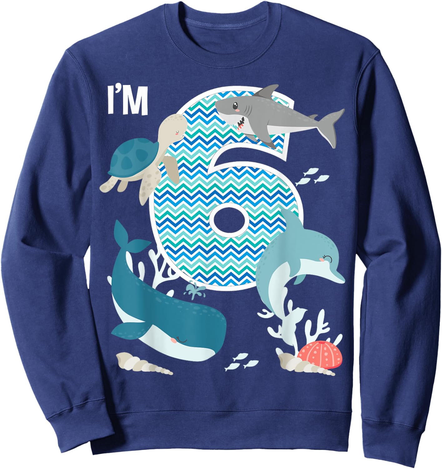 Kids 6 Year Old Ocean Life Whale Dolphin Shark 6th Birthday Sweatshirt - Sweatshirt | Navy