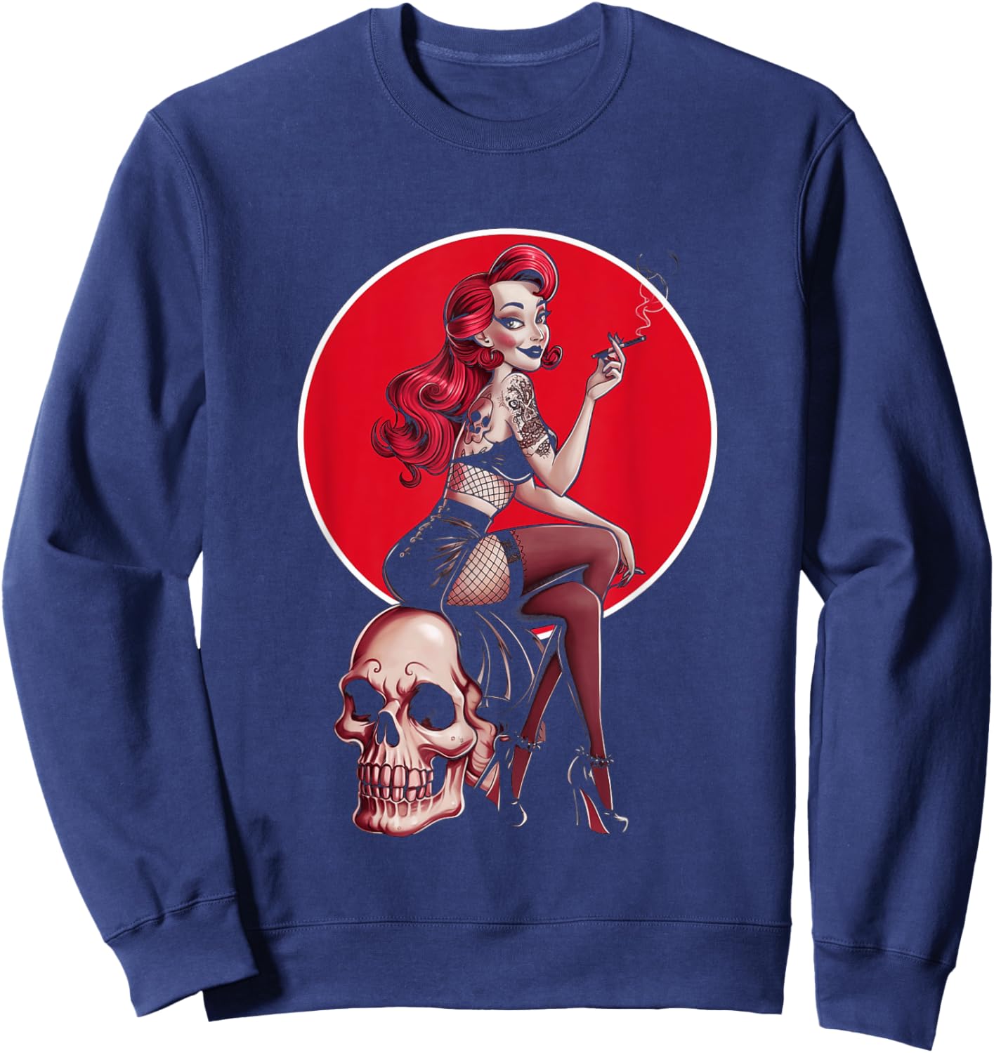 Tattoo Goth Pin-up Girl with Skull Vintage Horror Rockabilly Sweatshirt - Sweatshirt | Navy