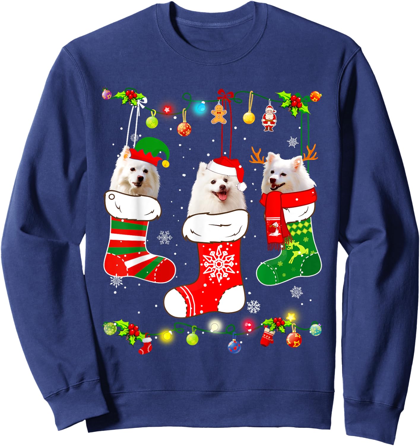 American Eskimo Christmas Lights Funny Puppy Xmas Dog Lover Sweatshirt - Sweatshirt | Navy