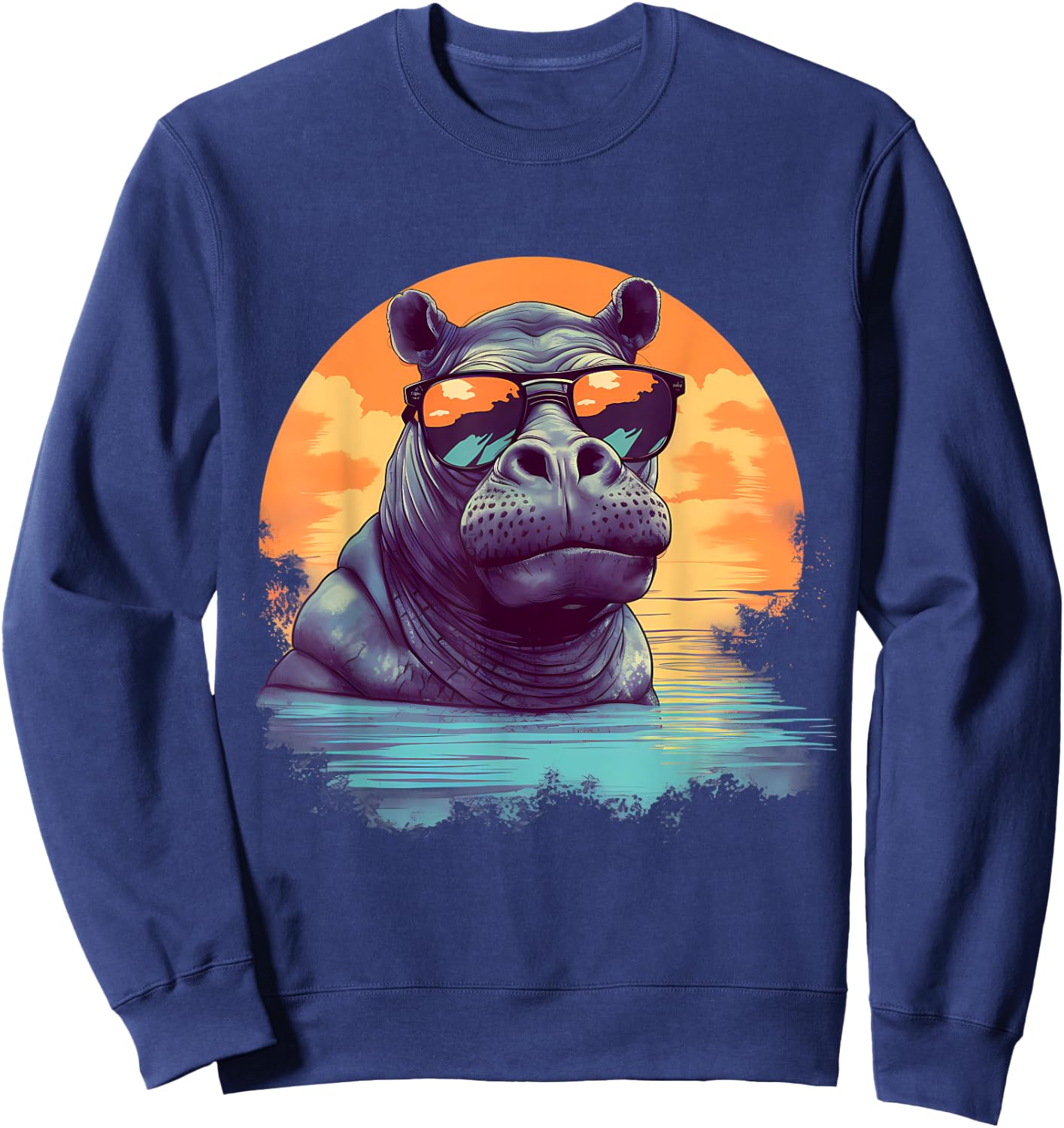 Hippo Sunglasses Colourful Artwork Safari Hippopotamus Sweatshirt - Sweatshirt | Navy