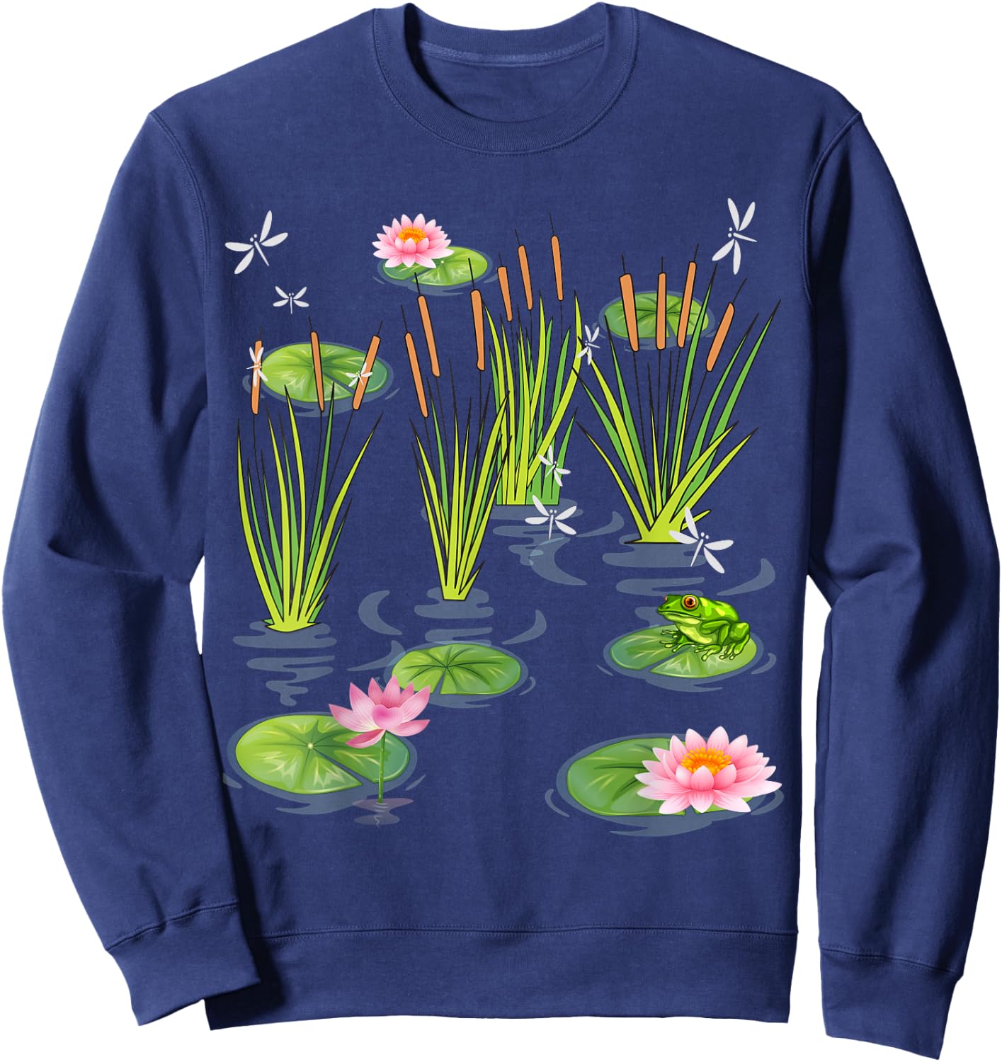 Water Lily Dragonflies with Frog on Lily Leaf Cattails Sweatshirt - Sweatshirt | Navy