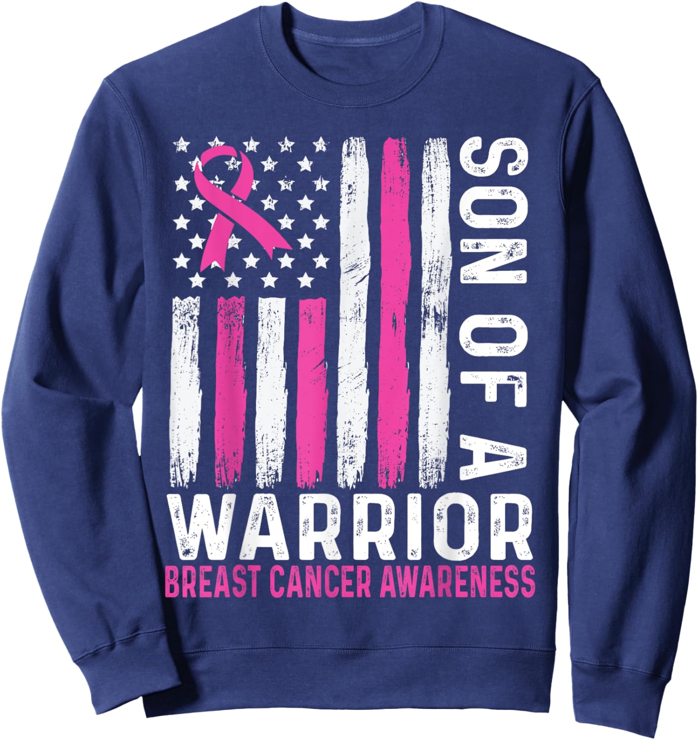 Son of a Warrior Cancer USA American Flag Breast Cancer Kids Men Sweatshirt - Sweatshirt | Navy