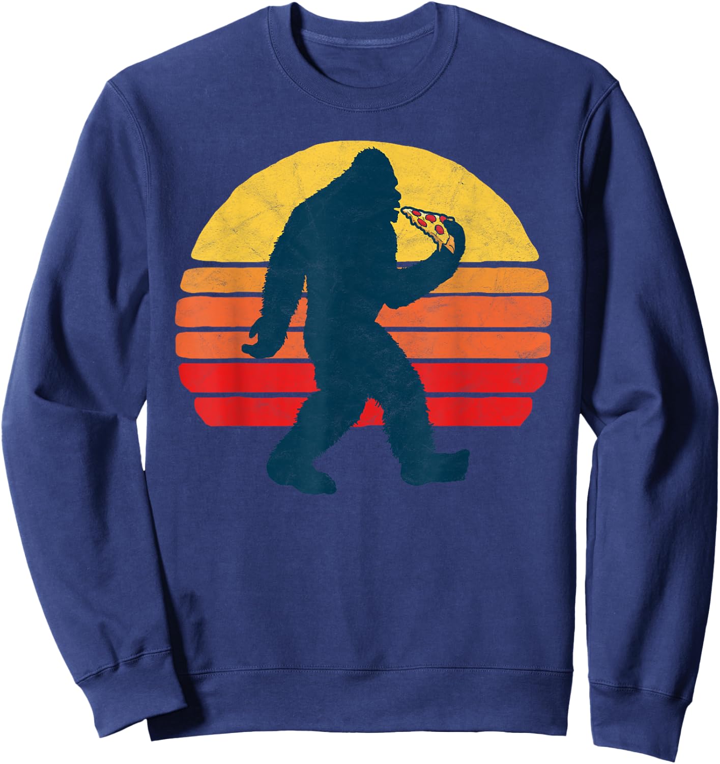 Sasquatch and Pizza! Funny Eating Bigfoot & 80s Sun Graphic Sweatshirt - Sweatshirt | Navy