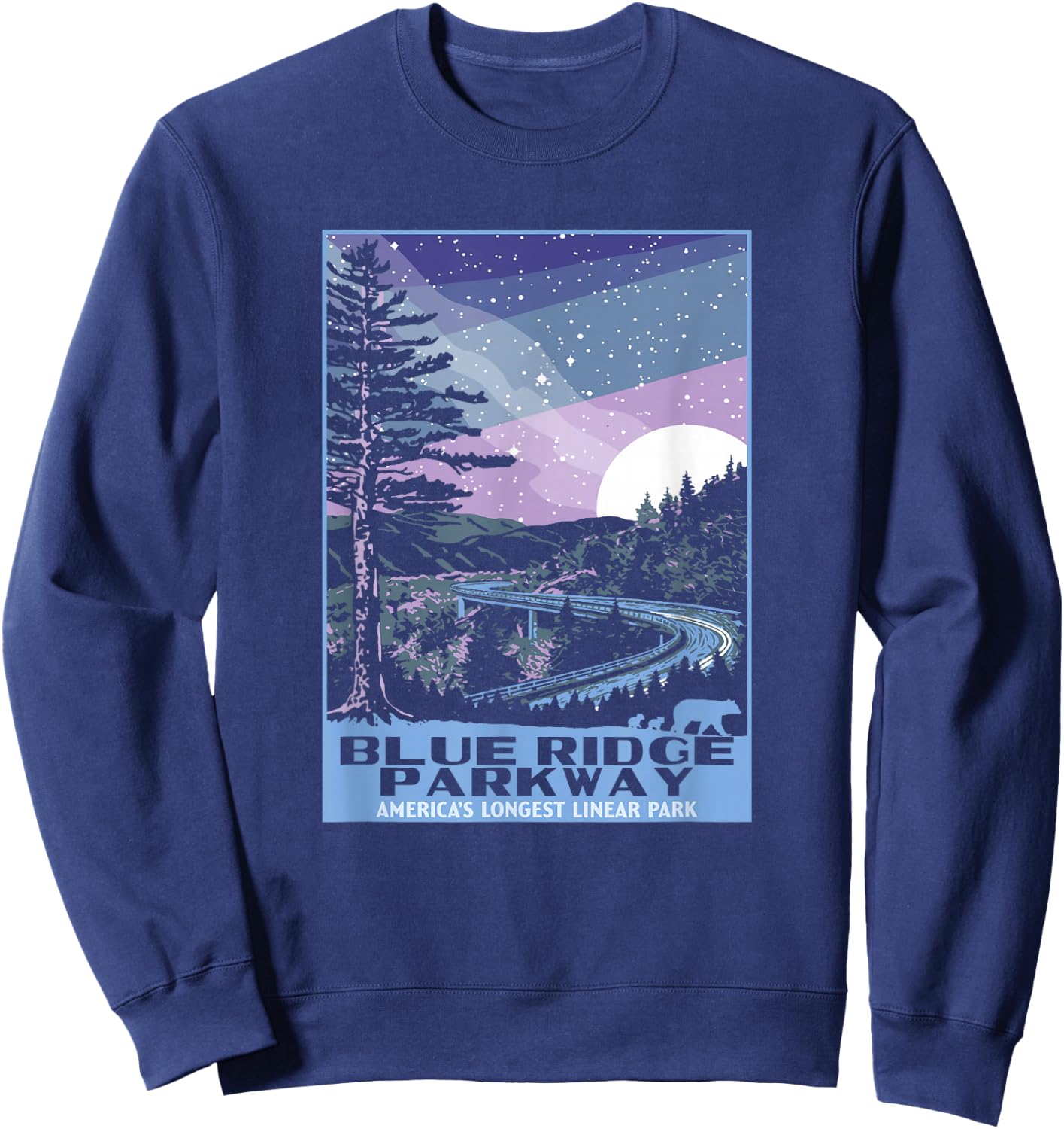 Blue Ridge Parkway at Night WPA Style Vintage Stars & Moon Sweatshirt - Sweatshirt | Navy