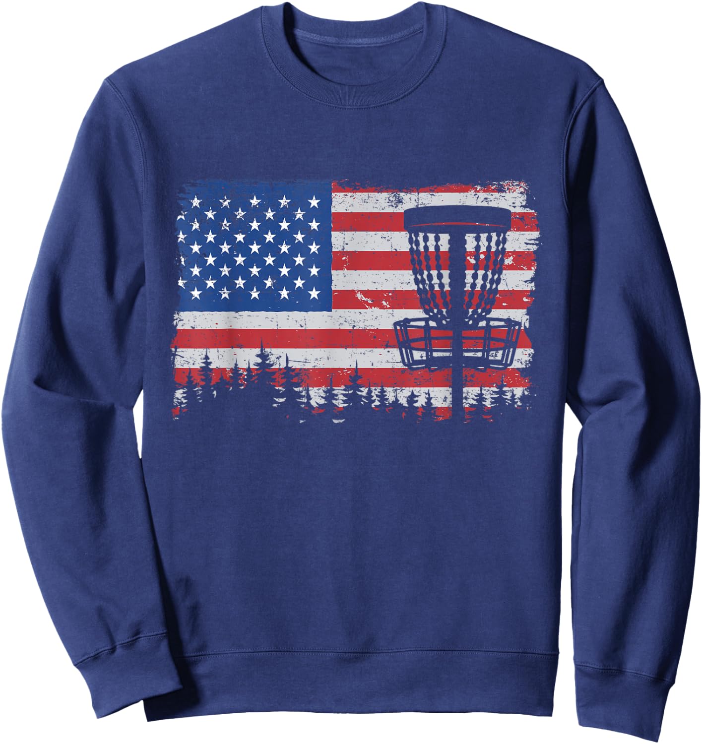 US American Flag Disc Golf Basket Frisbee Vintage Disc Golf Sweatshirt - Sweatshirt | Navy