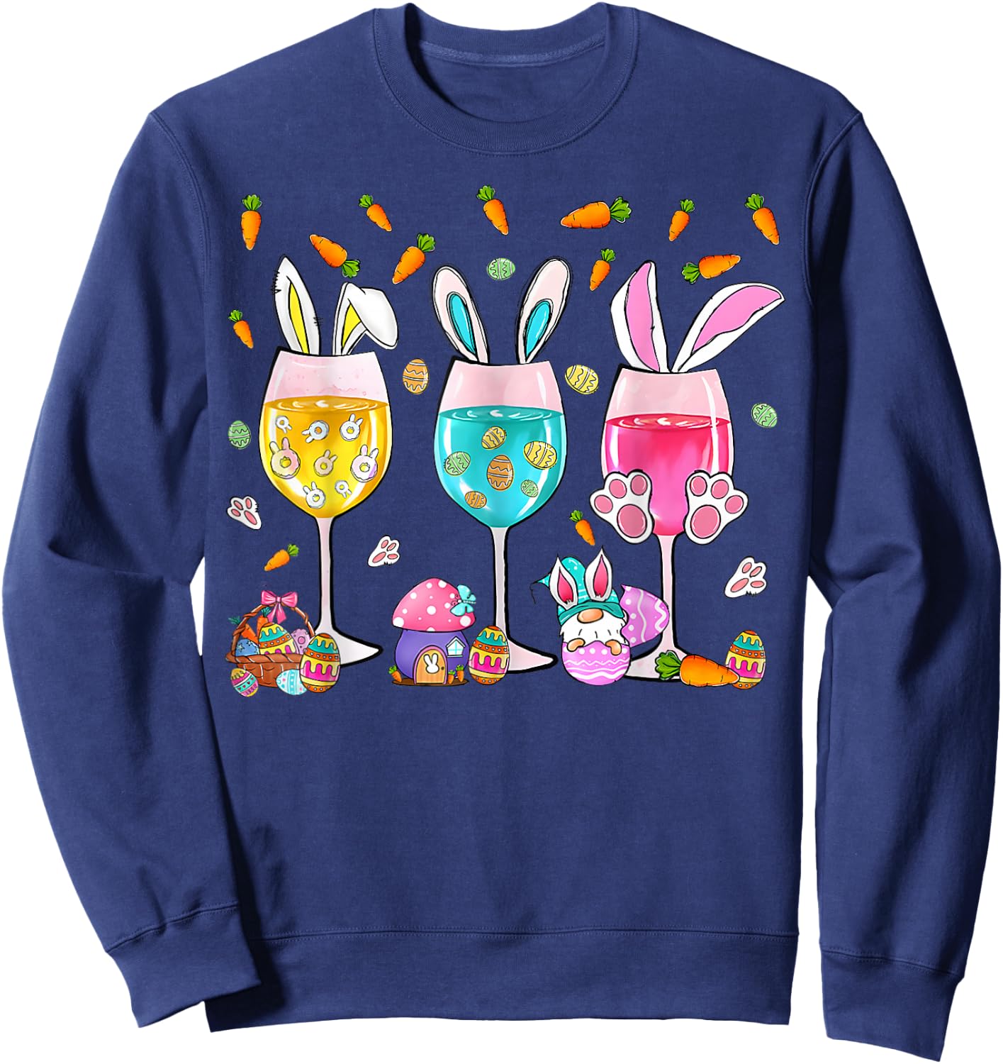 Funny Wine Glasses Bunny with Egg Basket Spring Easter Women Sweatshirt - Sweatshirt | Navy