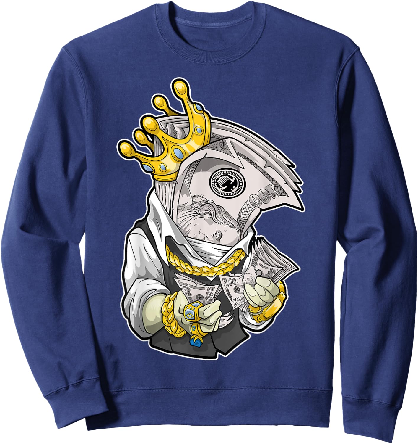 Money King Crown Rich Dollar Diamonds Cash Cool Hip Hop Boss Sweatshirt - Sweatshirt | Navy