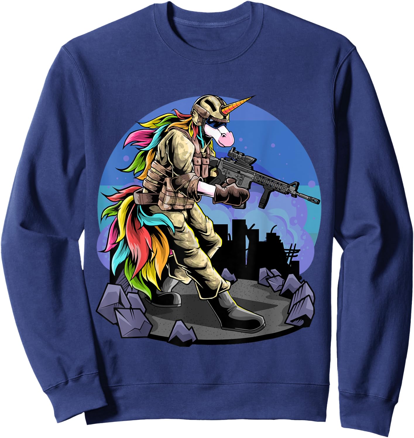 Unicorn Shooting A Gun I Unicorn Warrior I Soldier Unicorn Sweatshirt - Sweatshirt | Navy