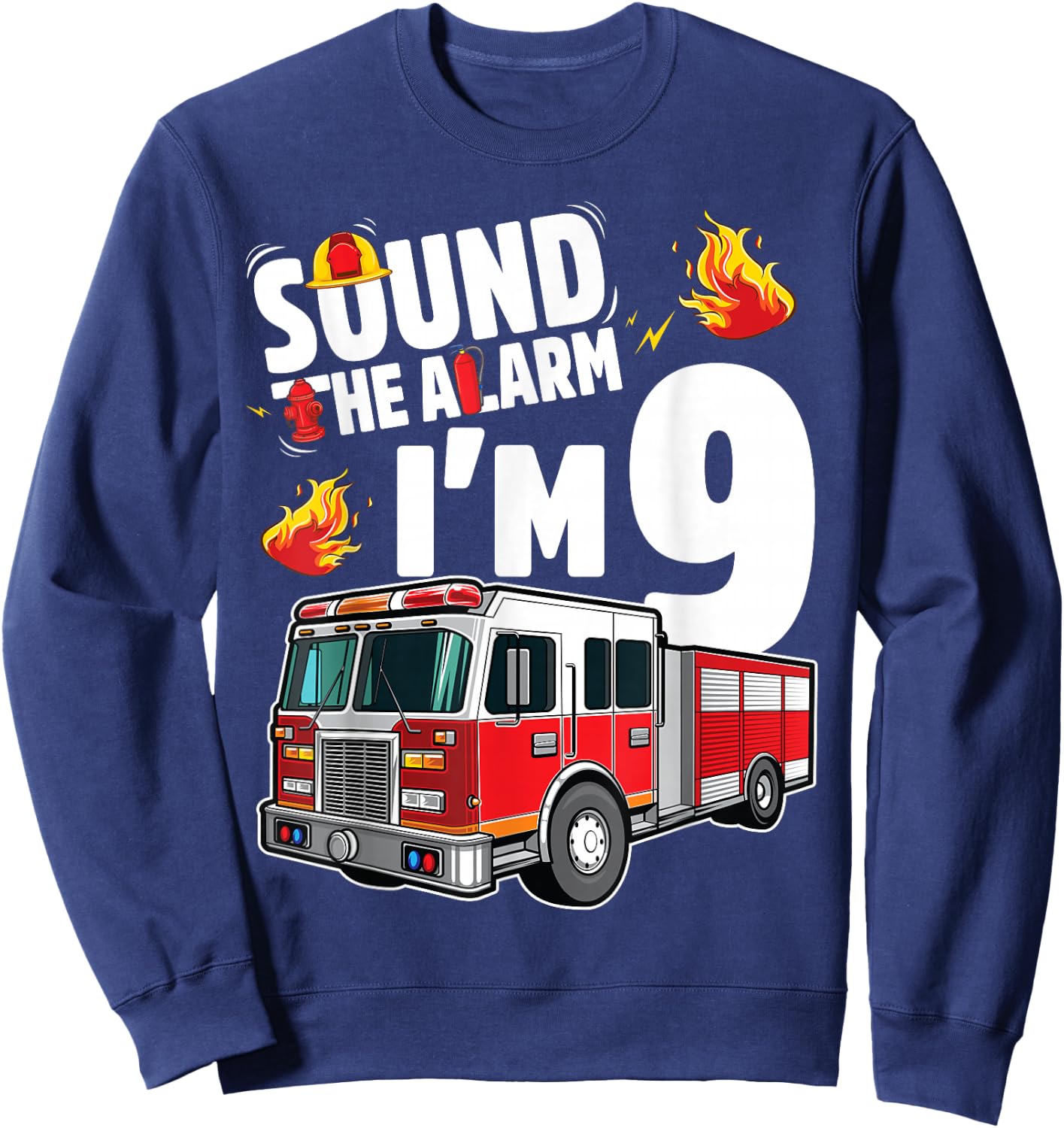 Fire Truck 9th Birthday Boy Firefighter 9 Year Old Sweatshirt - Sweatshirt | Navy