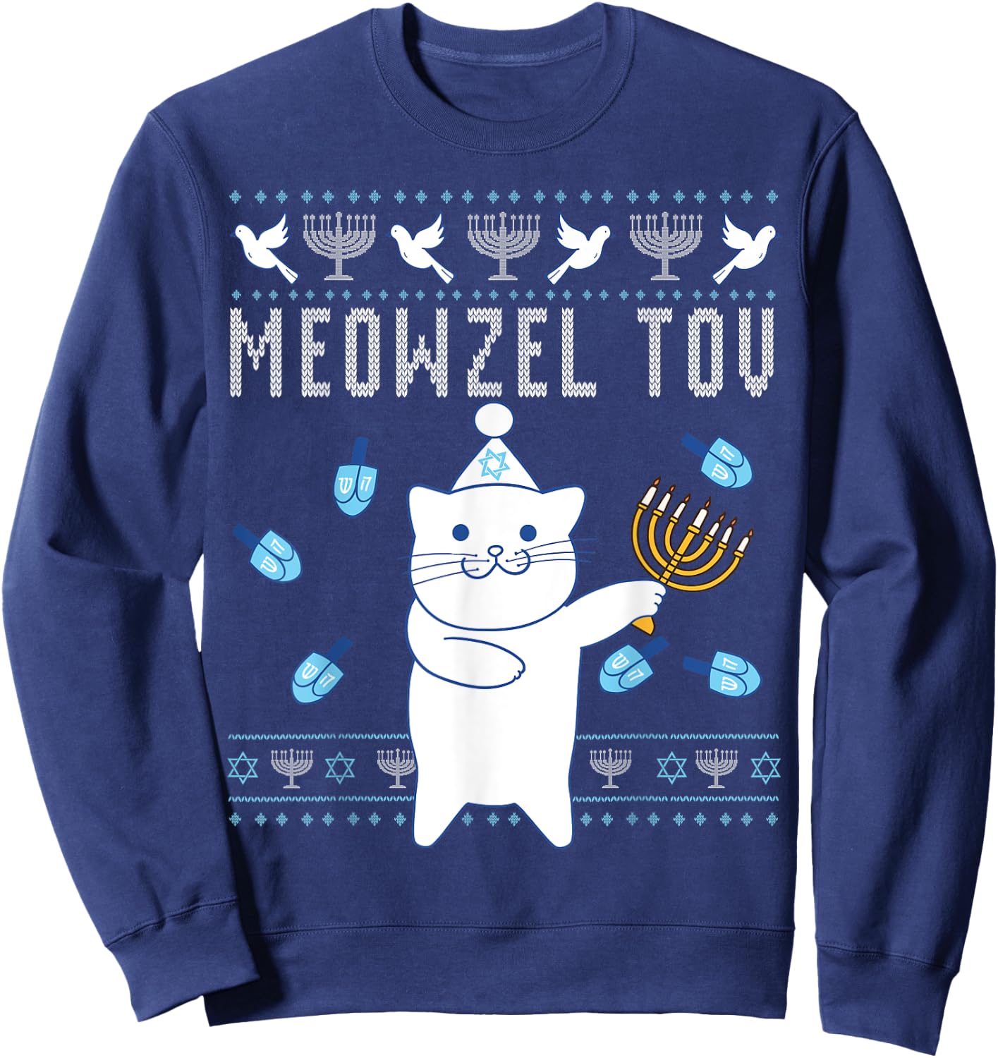 Meowzel Tov Jewish Christmas Cat Funny Ugly Hanukkah Gift Men Women Kids Sweatshirt - Sweatshirt | Navy