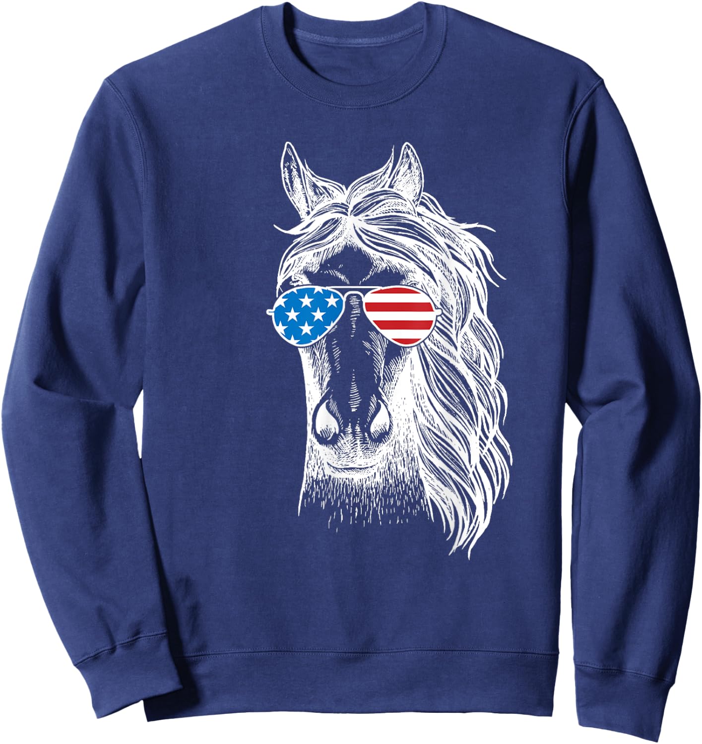 Funny Horse Patriotic USA Flag Aviator Sun Glasses Design Women Kids Men Sweatshirt - Sweatshirt | Navy