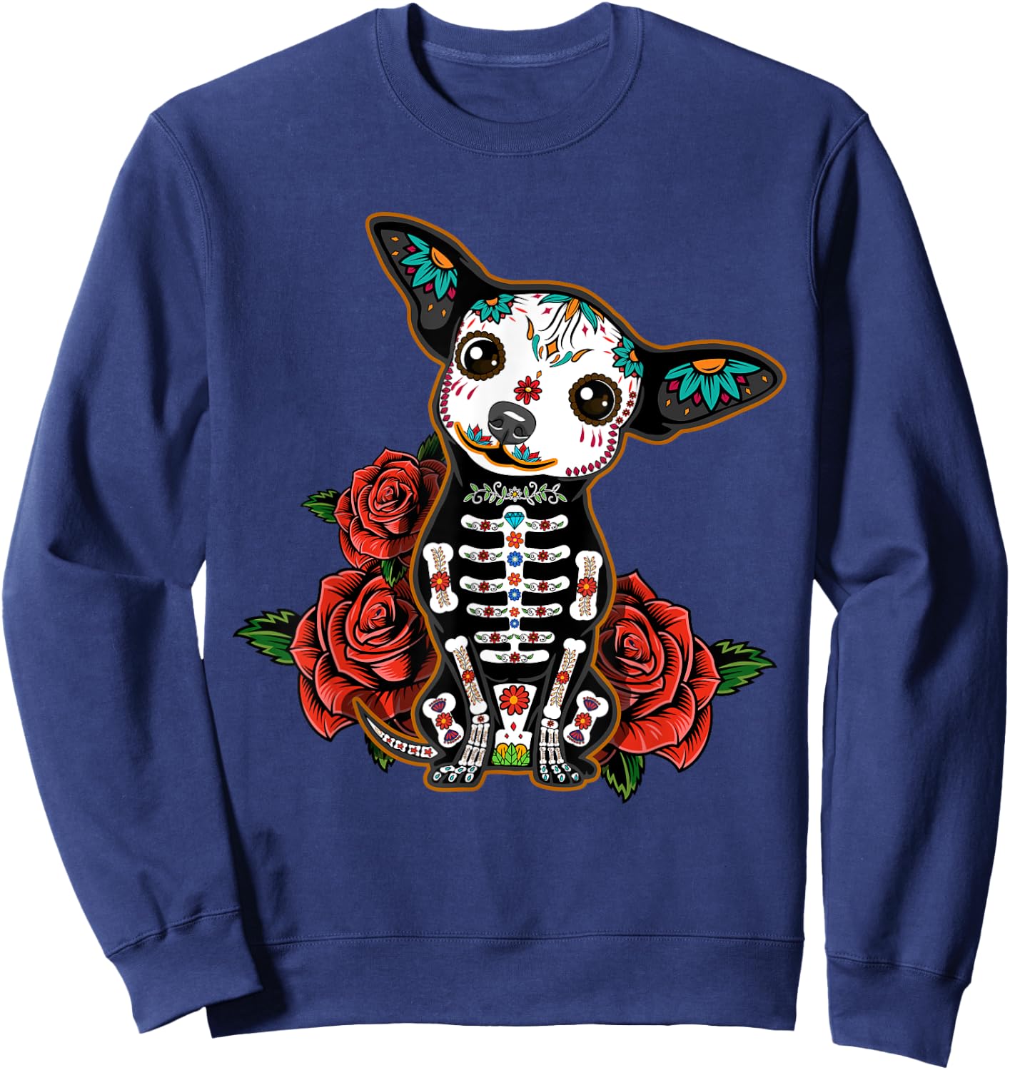 Calavera Chihuahua Playful Colorful Cute Dia De Los Muertos Women Kids Sweatshirt - Sweatshirt | Navy