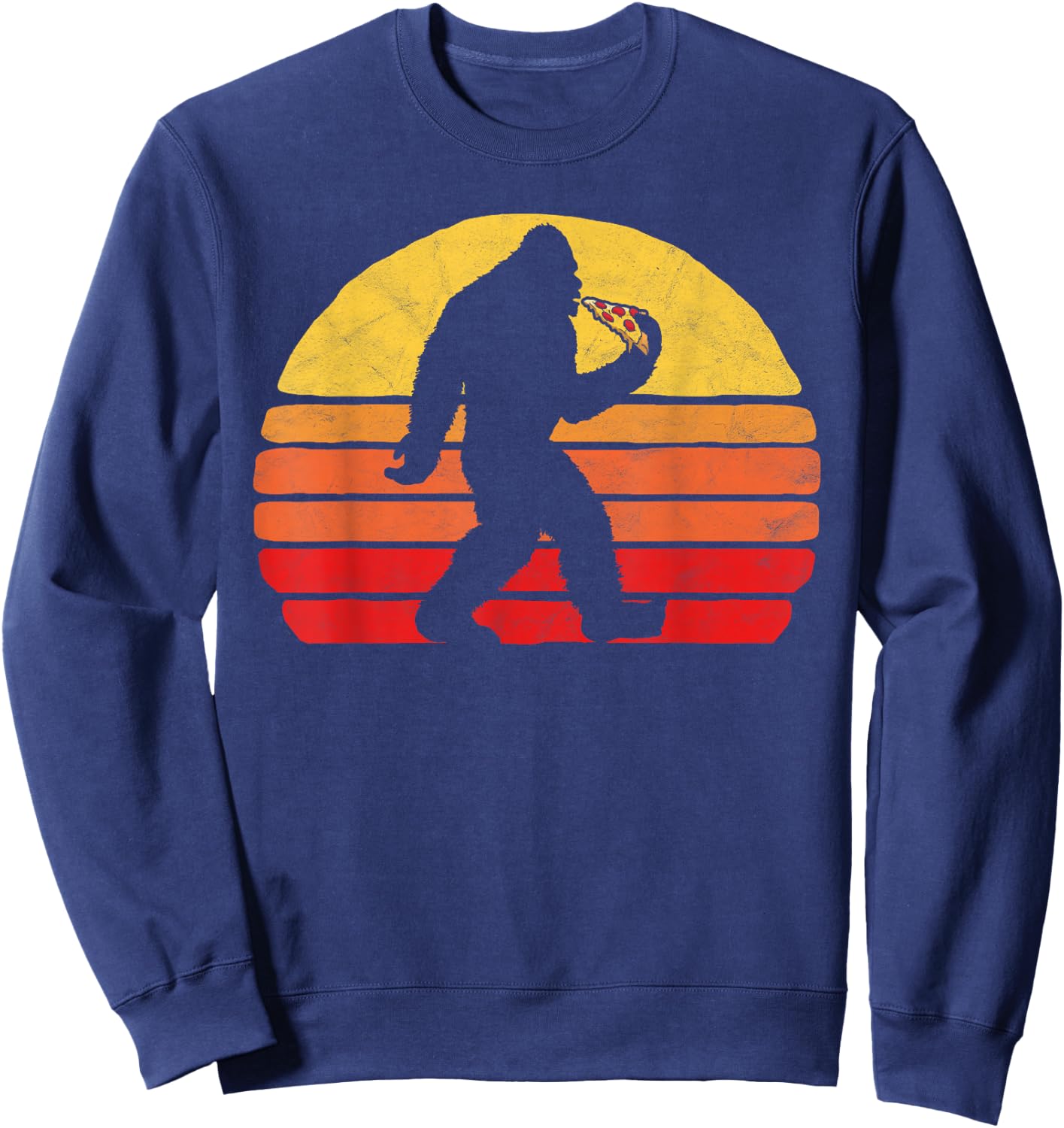 Sasquatch and Pizza! Funny Eating Bigfoot & 80s Sun Graphic Sweatshirt - Sweatshirt | Navy