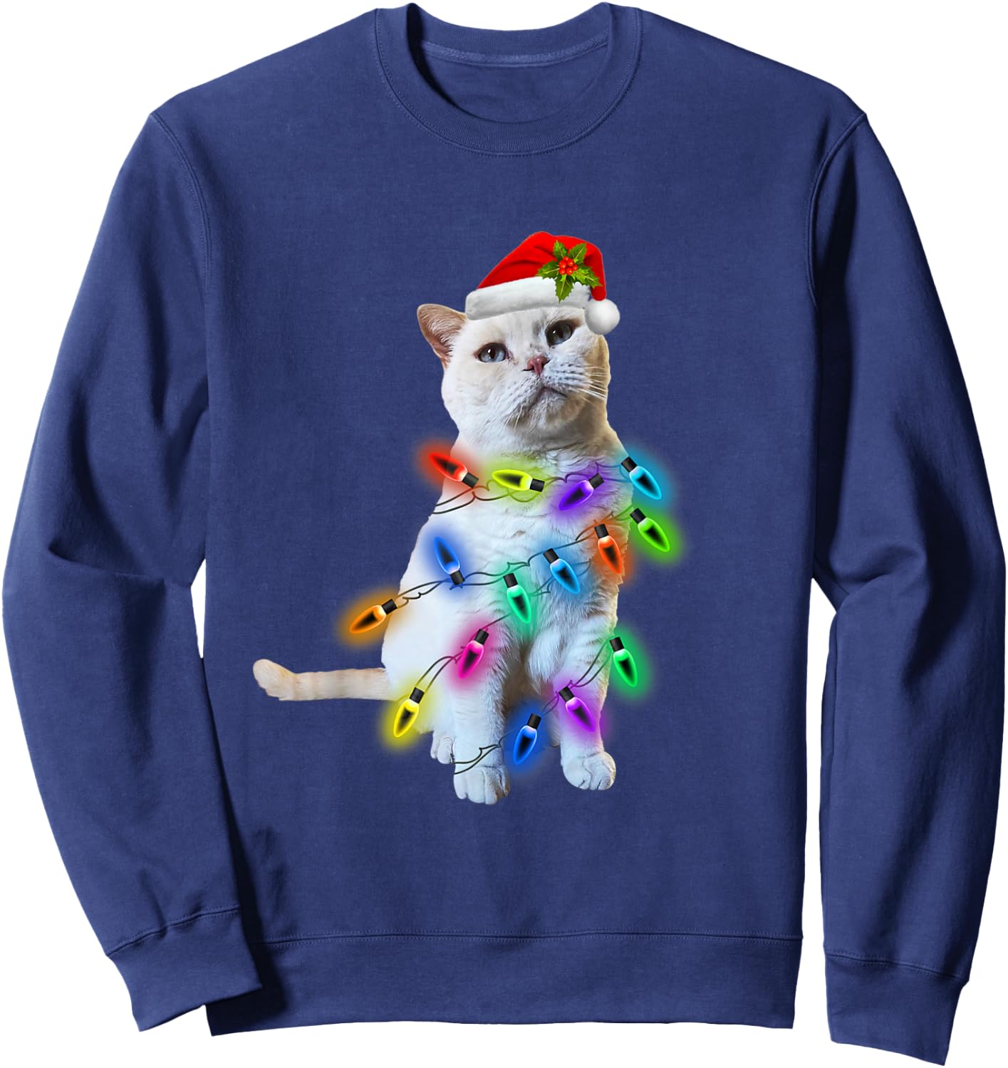 White Cat Christmas light funny cat lover Christmas Sweatshirt - Sweatshirt | Navy