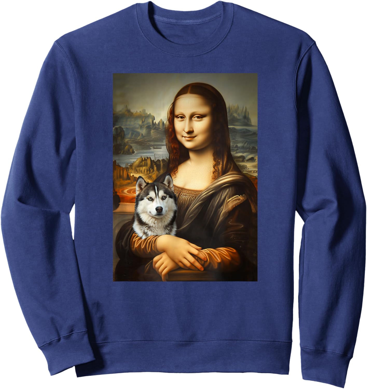 Husky Mona Lisa Painting Art Dog Mom Dad Sweatshirt - Sweatshirt | Navy