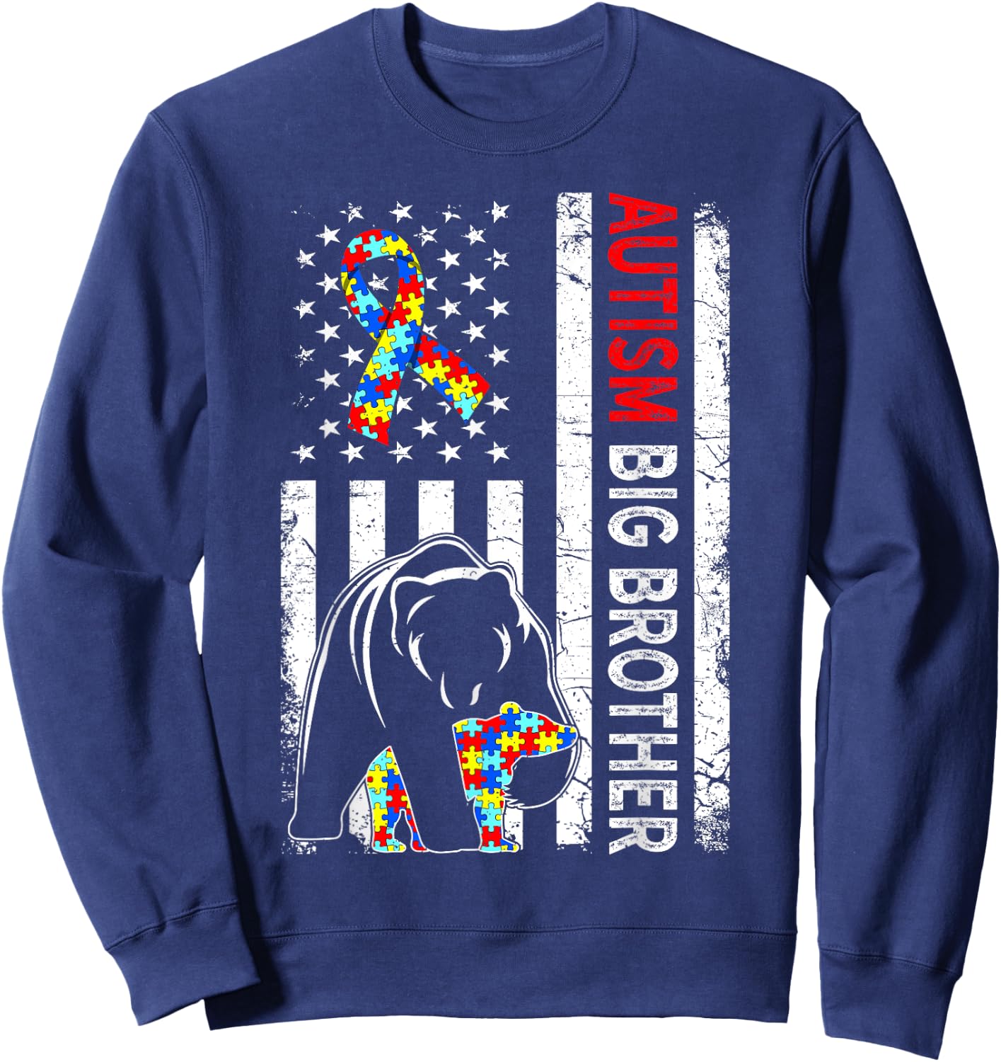 Distressed American Flag Autism Big Brother Bear Awareness Kids Men Sweatshirt - Sweatshirt | Navy
