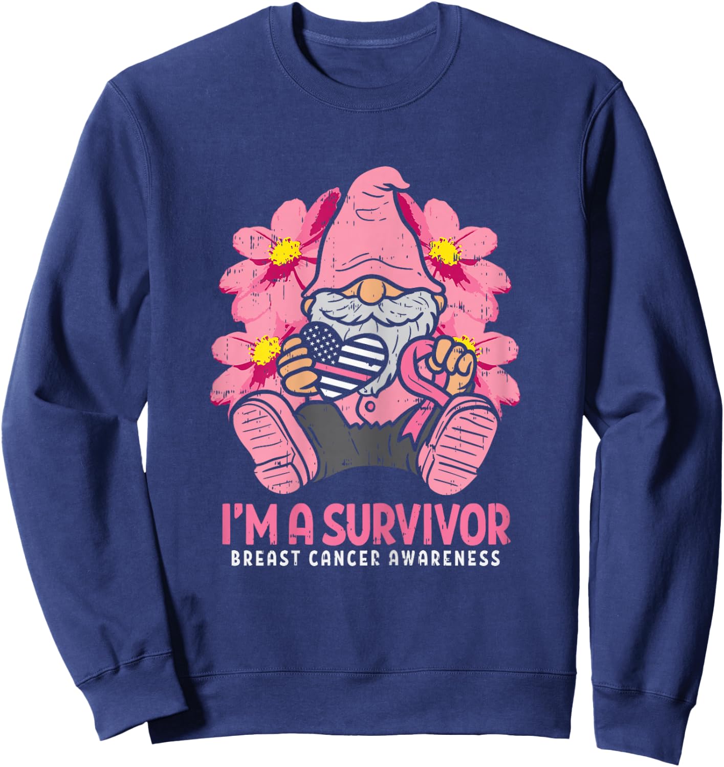 Breast Cancer Survivor Pink Ribbon Gnome US Flag Heart Gift Sweatshirt - Sweatshirt | Navy