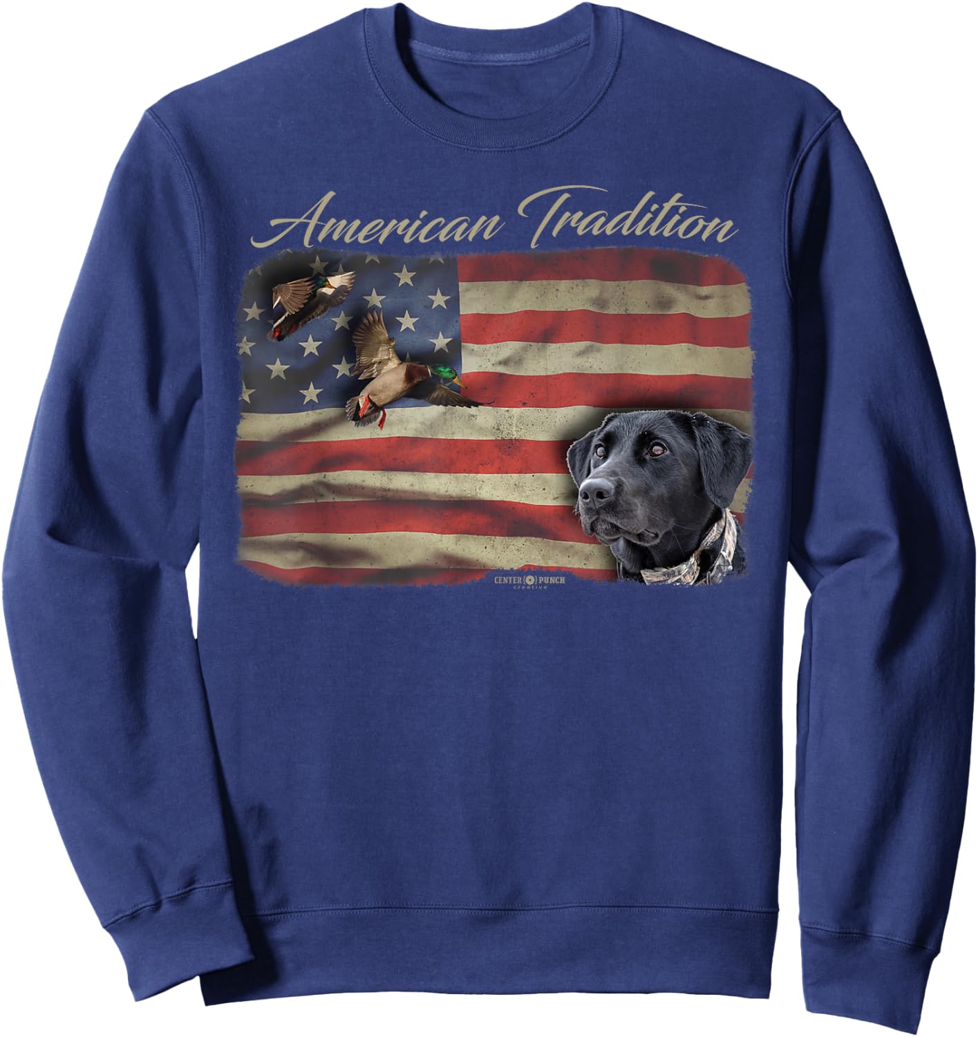 American Tradition Waterfowl Duck Hunting Dog Black Lab Flag Men Women Kids Sweatshirt - Sweatshirt | Navy