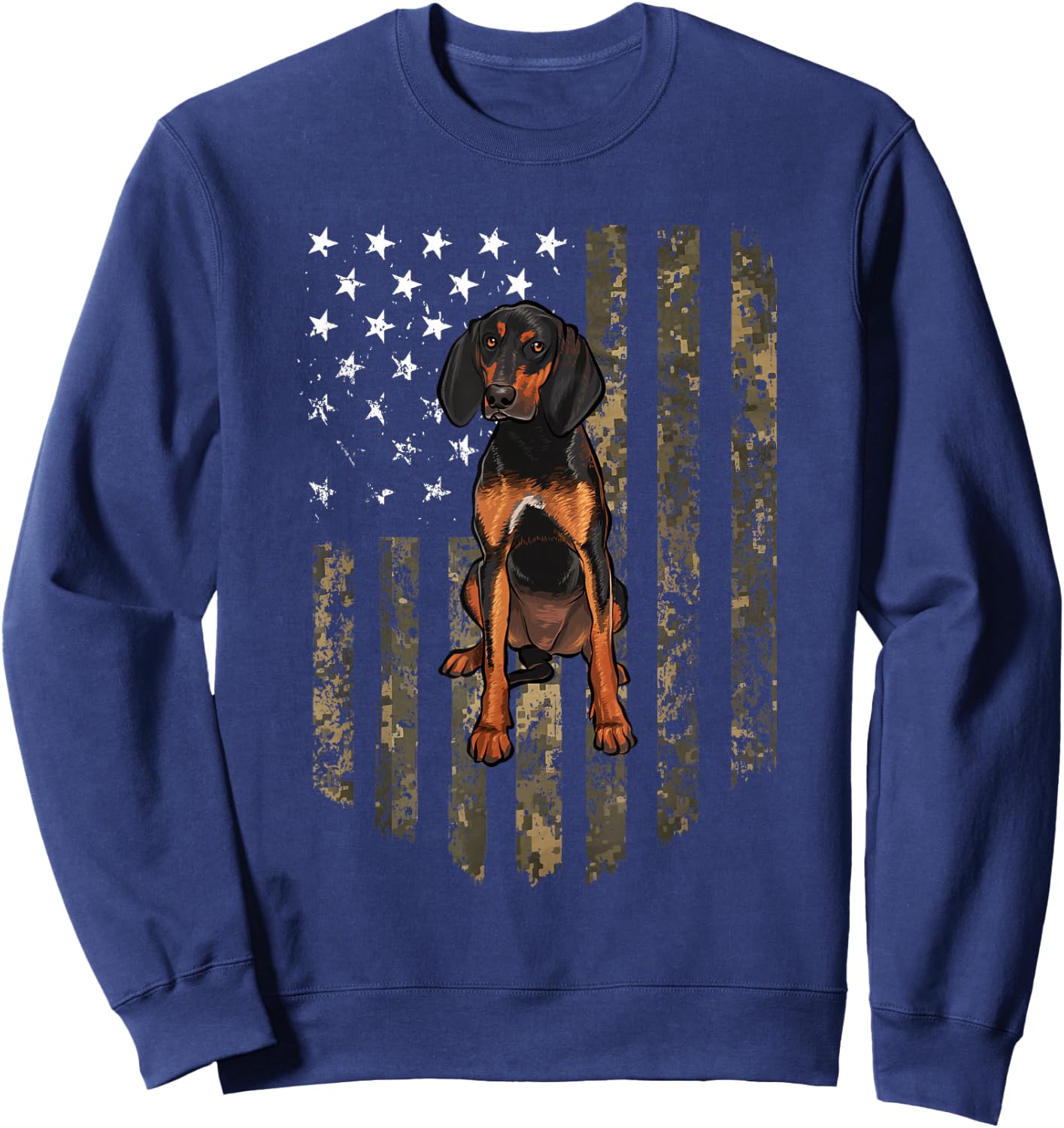 Camo American Flag Black and Tan Coonhound 4th Of July USA Sweatshirt - Sweatshirt | Navy